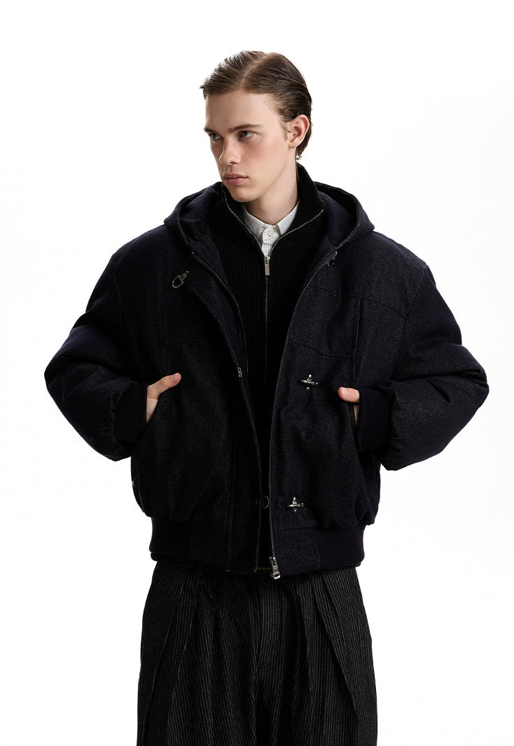 Boxy Fireman Clasp Hooded Dark-Wash Denim Zip Jacket