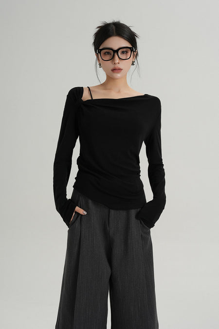 Asymmetric Single-Strap Off-Shoulder Long Sleeve Top