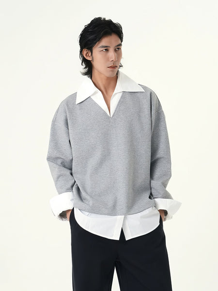 Mock Layered V-Neck Pullover with Contrast Collar