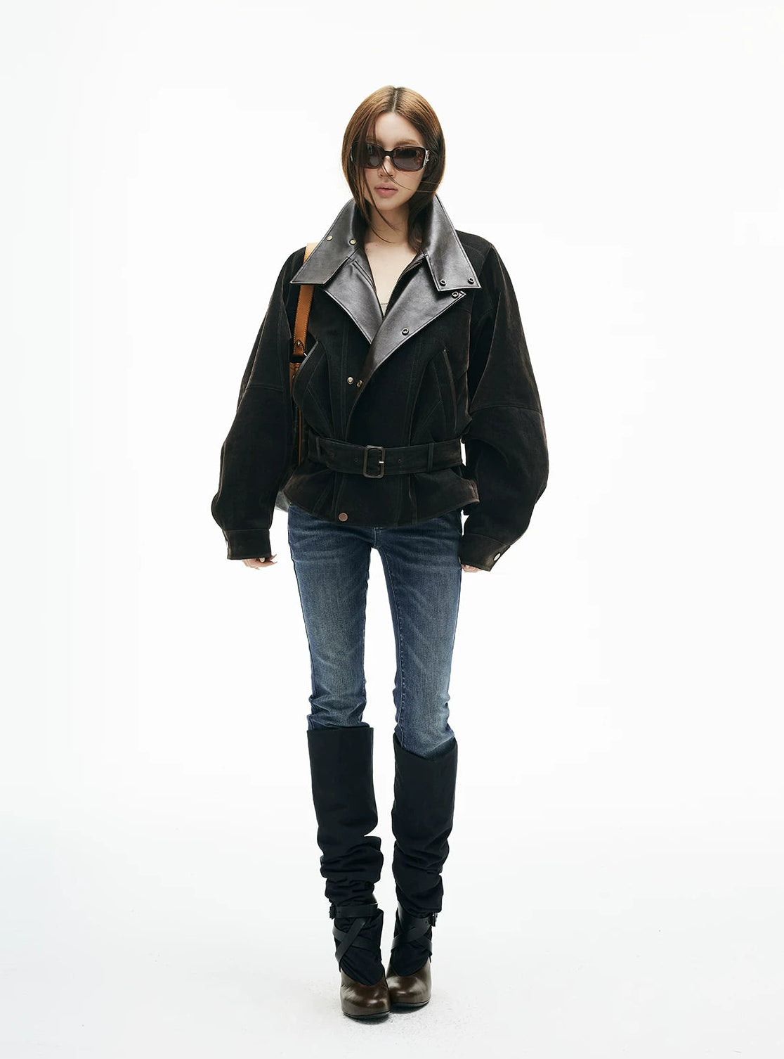 Faux Leather Lining Denim Jacket with Belt - nightcity clothing