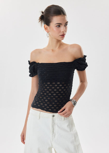 Off Shoulder Eyelet Lace Puff Sleeve Top - nightcity clothing