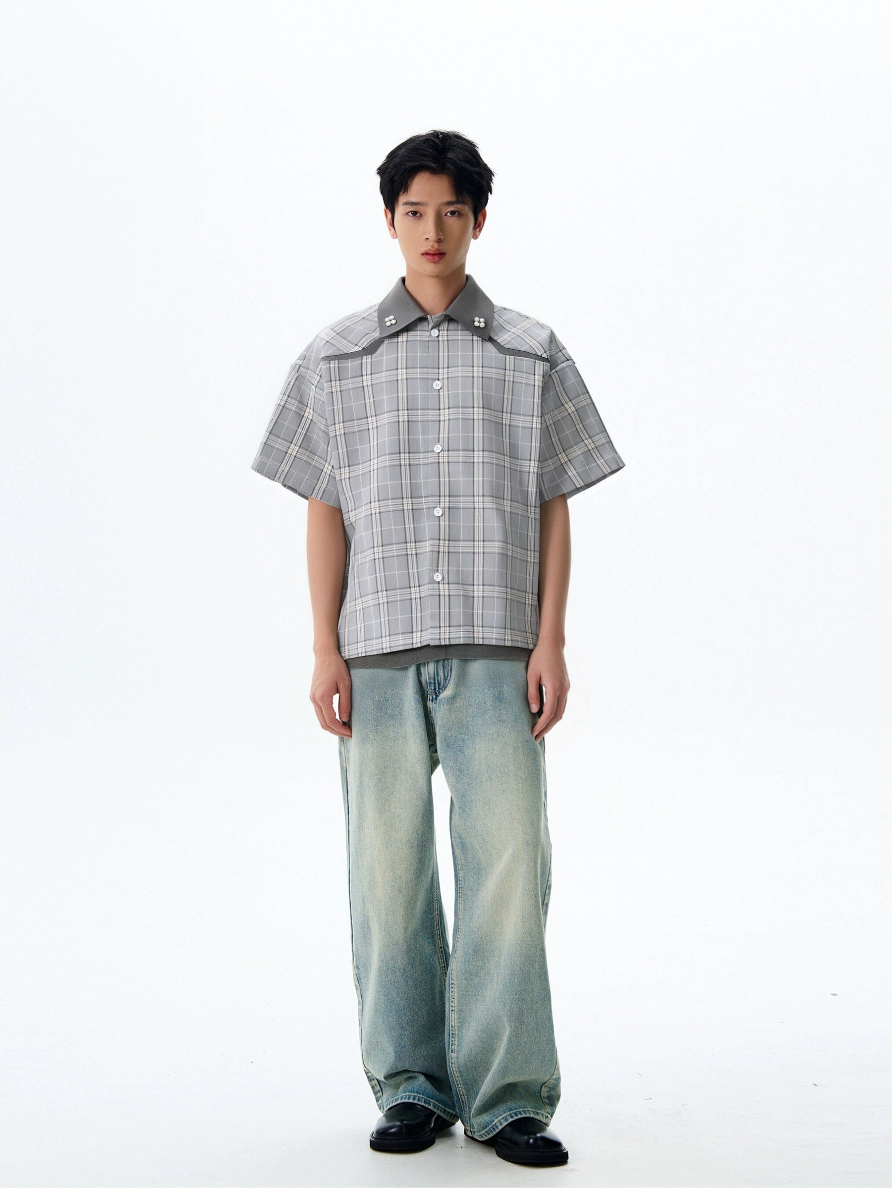 Oversized Contrast Trim Checker Short Sleeve Shirt with