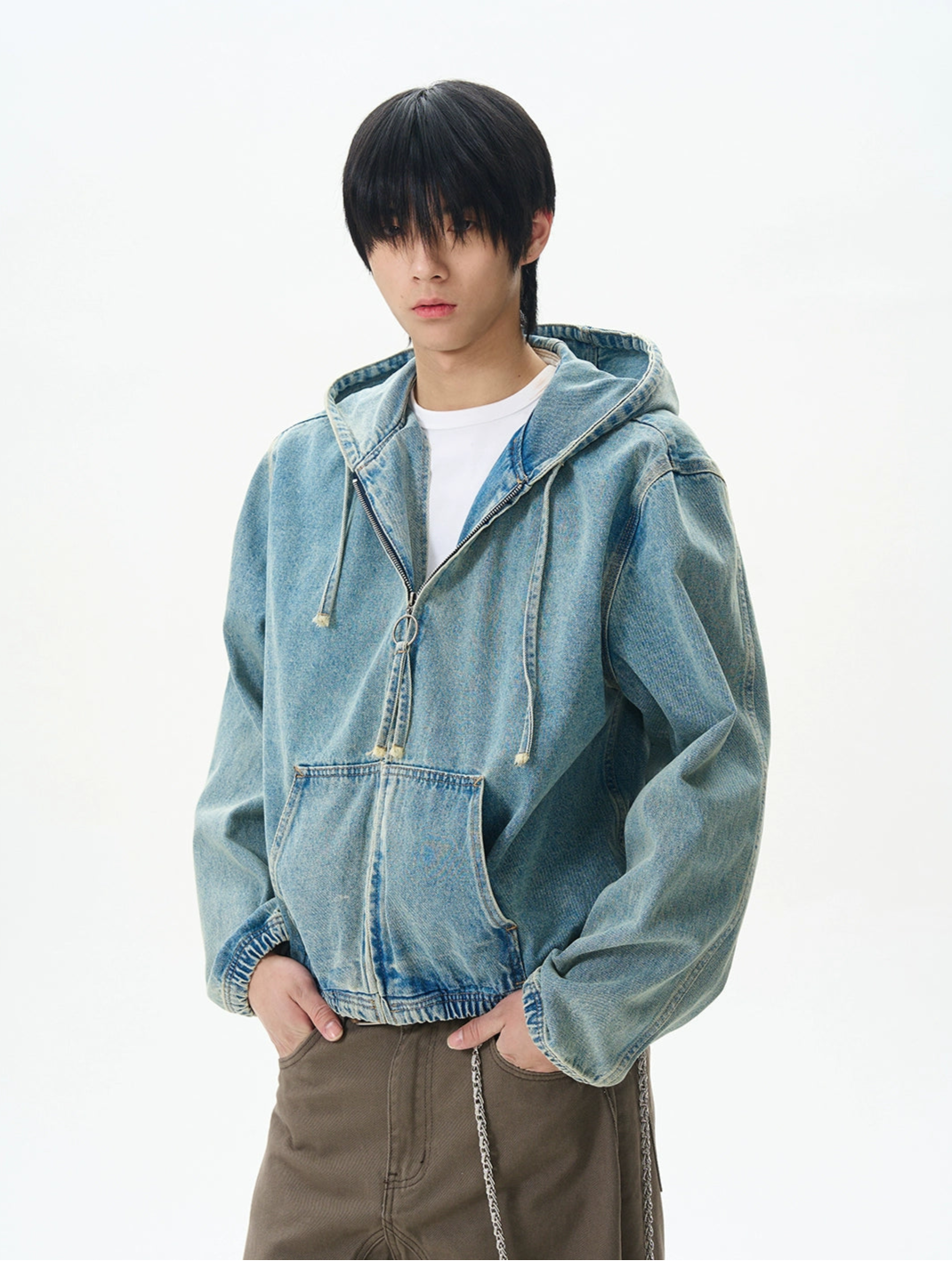 Boxy Denim Zip-Up Hooded Jacket with Elastic Hem