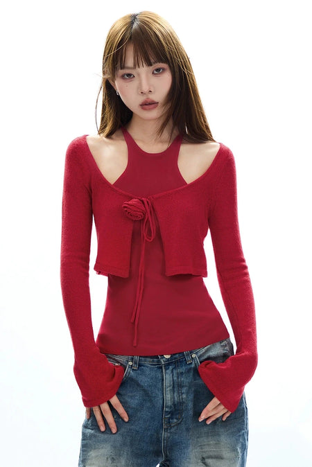 Cropped Knit Layered Sweater with Rose Tie Detail - nightcity clothing