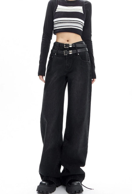 Double-Belted Wide-Leg Faded Denim Jeans