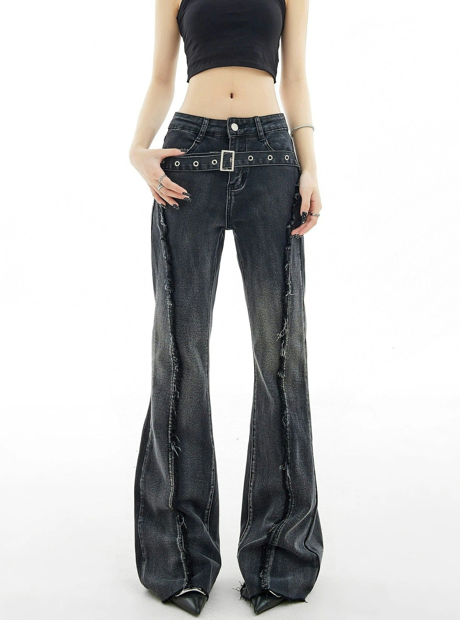 Distressed Stitch Flare Denim Jeans with Metallic Detail Belt
