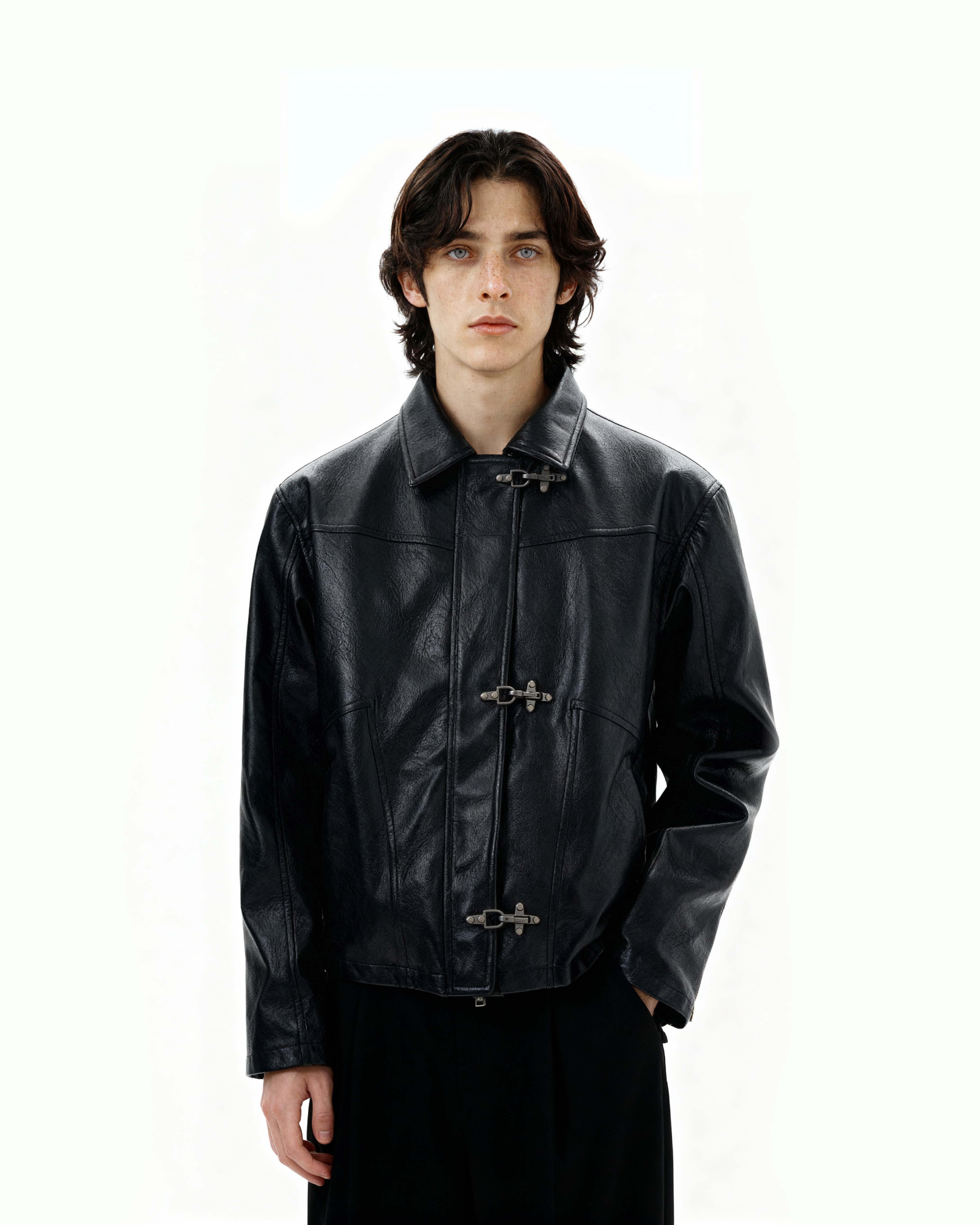 Fireman Buckle Mid-Crop Faux Leather Jacket