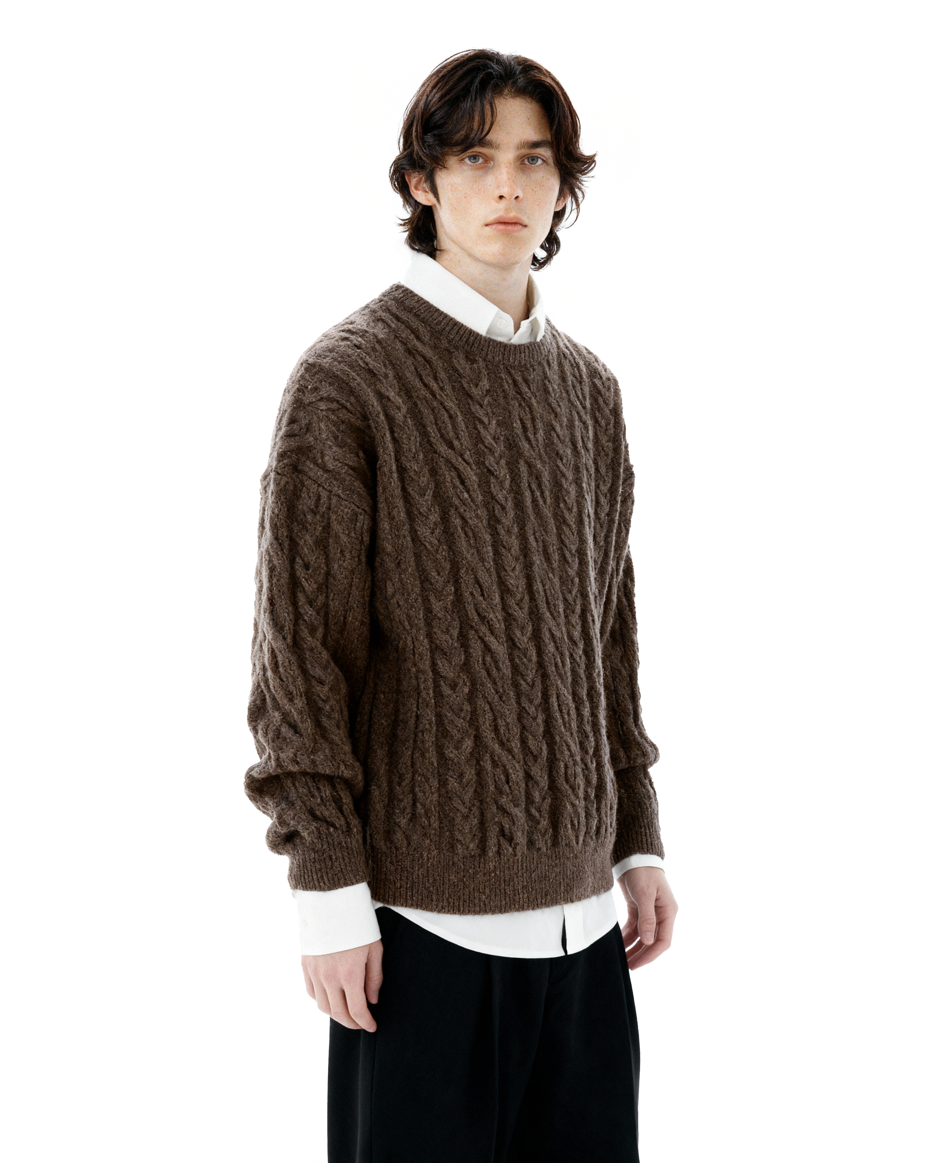 Cable Knit Round-Neck Ribbed Trim Sweater