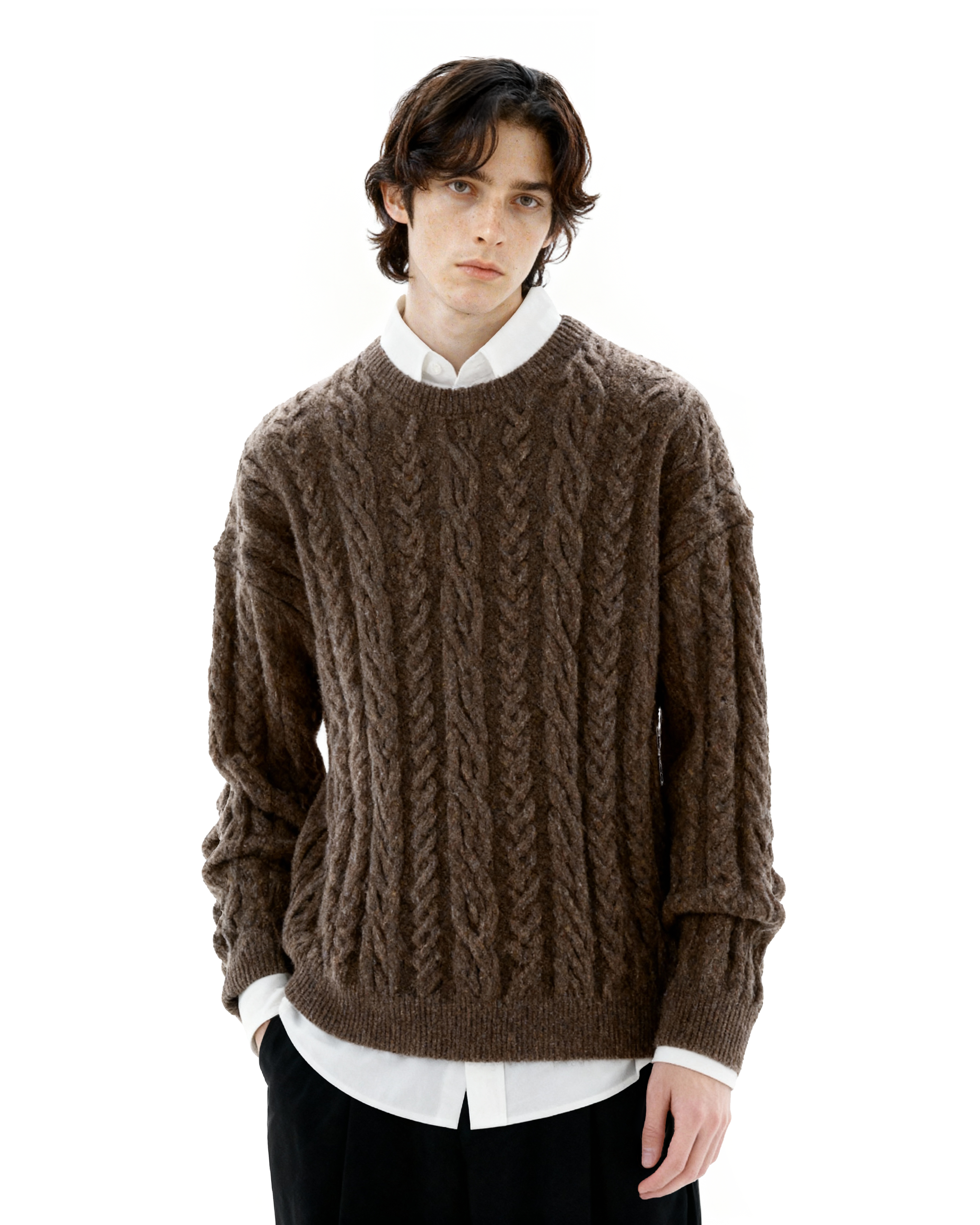 Cable Knit Round-Neck Ribbed Trim Sweater