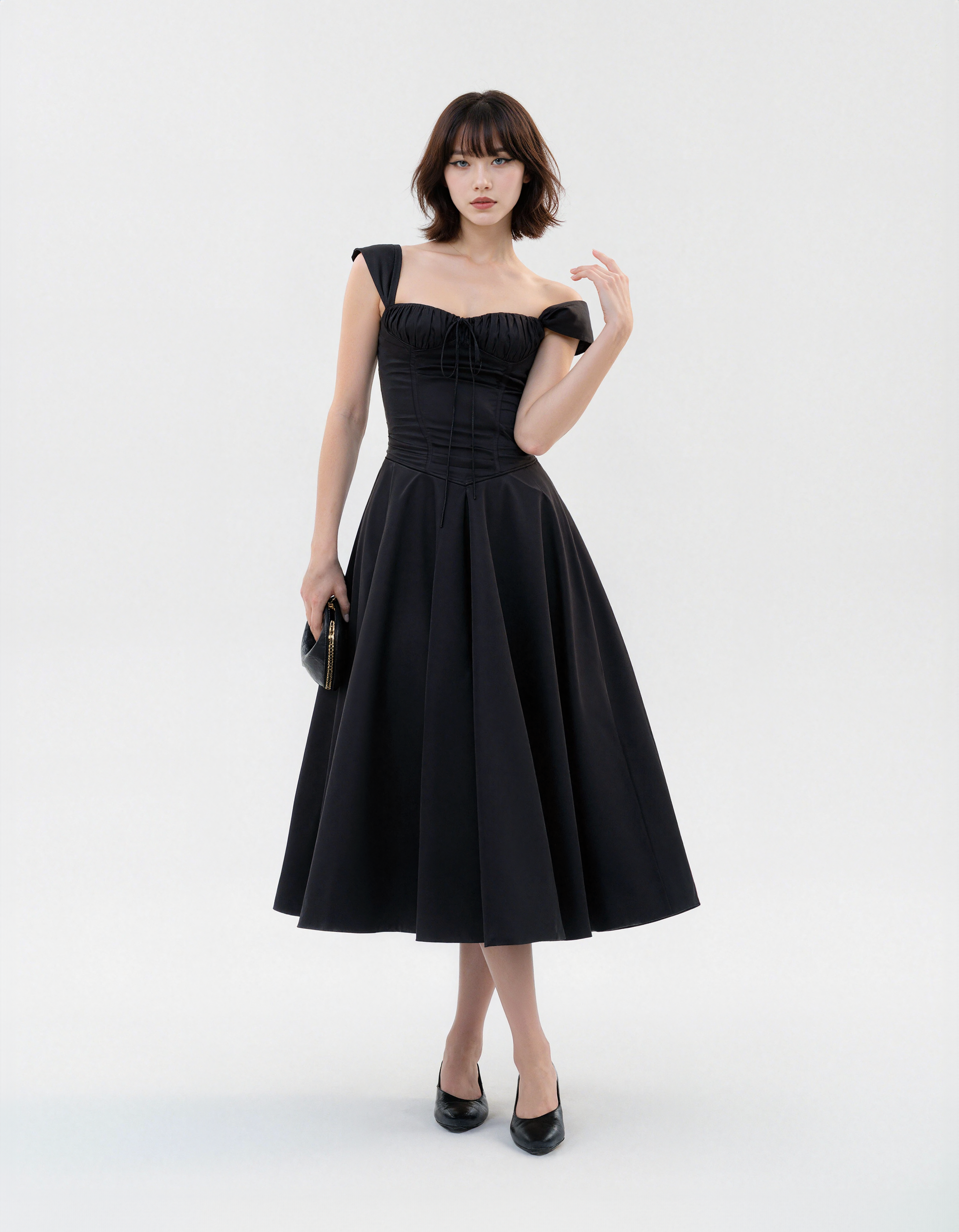 Off-Shoulder Corset Tea-Length Midi Dress