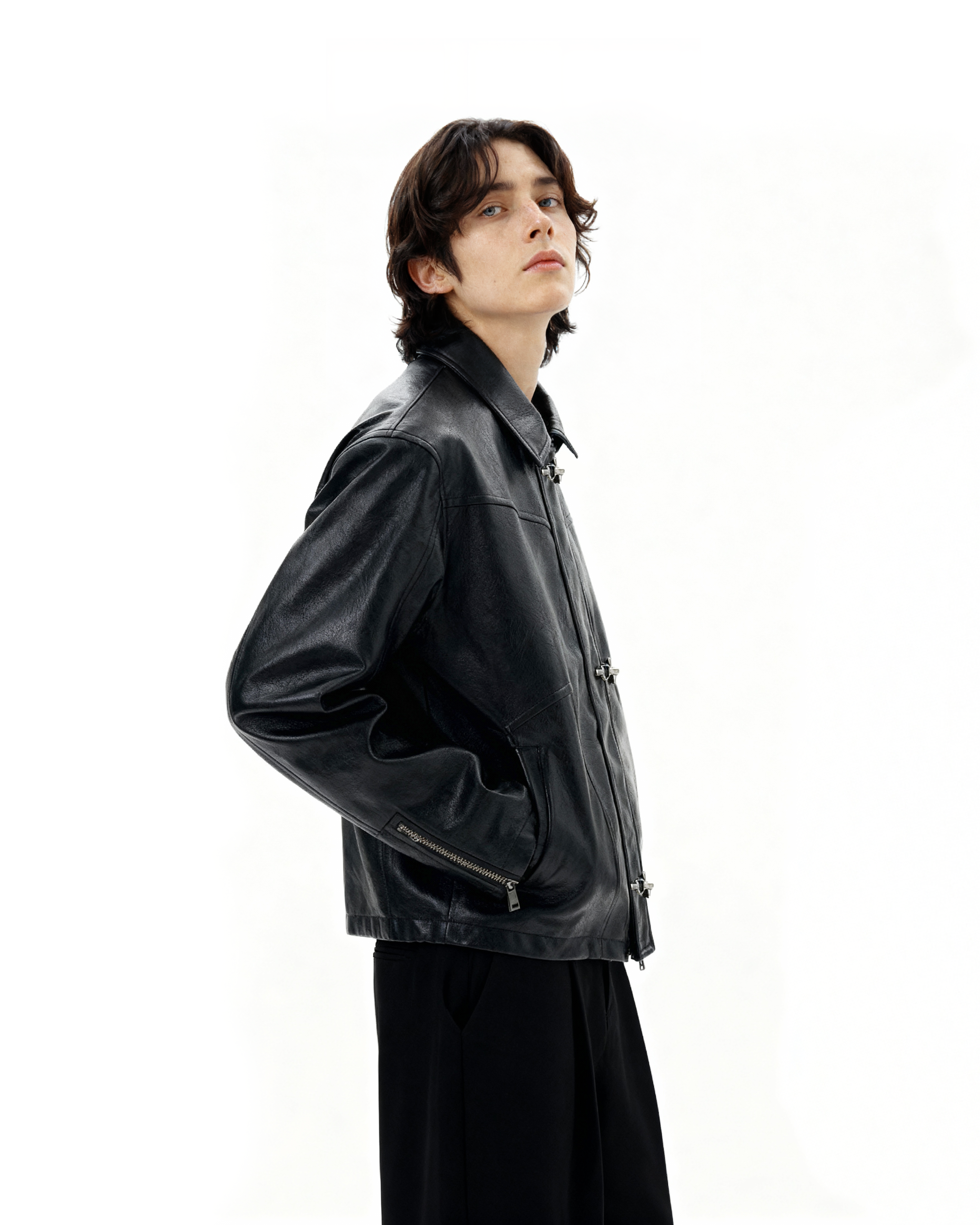 ジャケット・アウター leather hoodie jacket fireman Distressed Leather Fireman Clasp Jacket