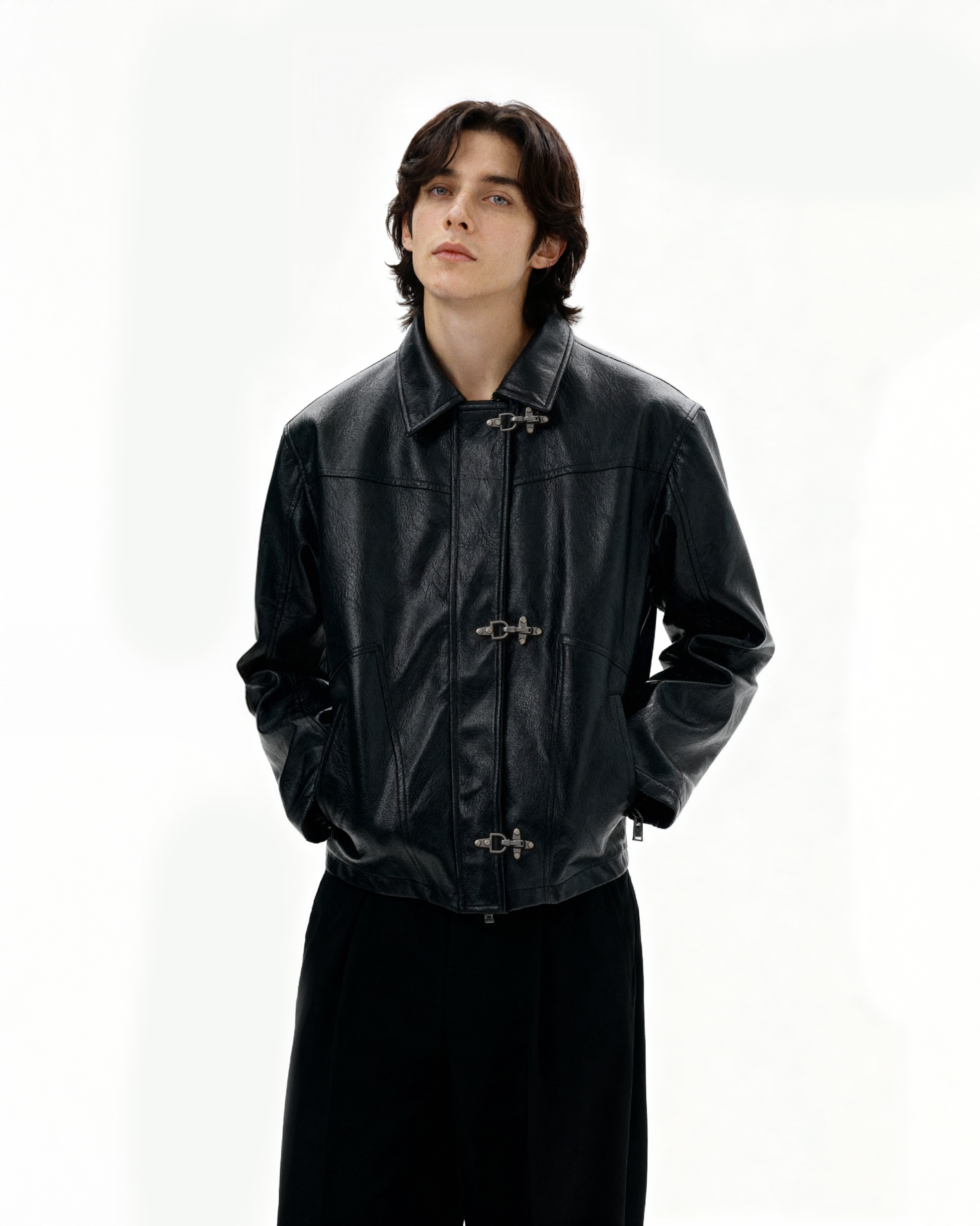 Fireman Buckle Mid-Crop Faux Leather Jacket