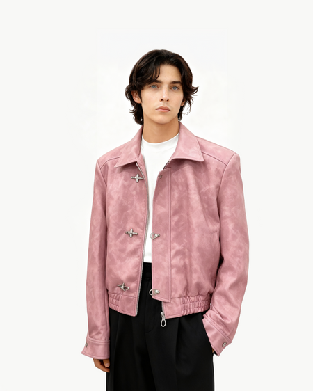 Fireman Clasp-Buckle Faux Leather Collared Jacket - nightcity clothing