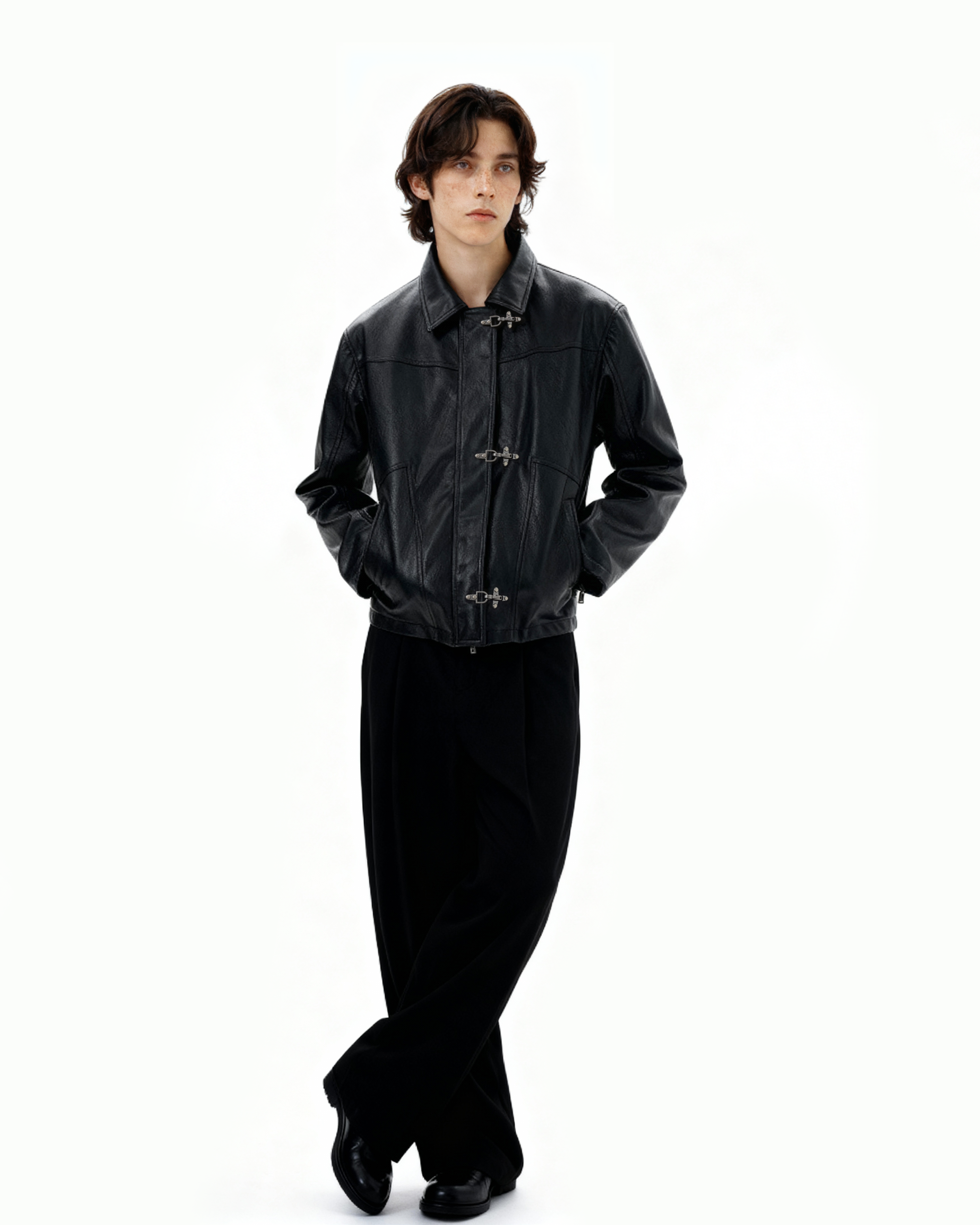 Fireman Buckle Mid-Crop Faux Leather Jacket