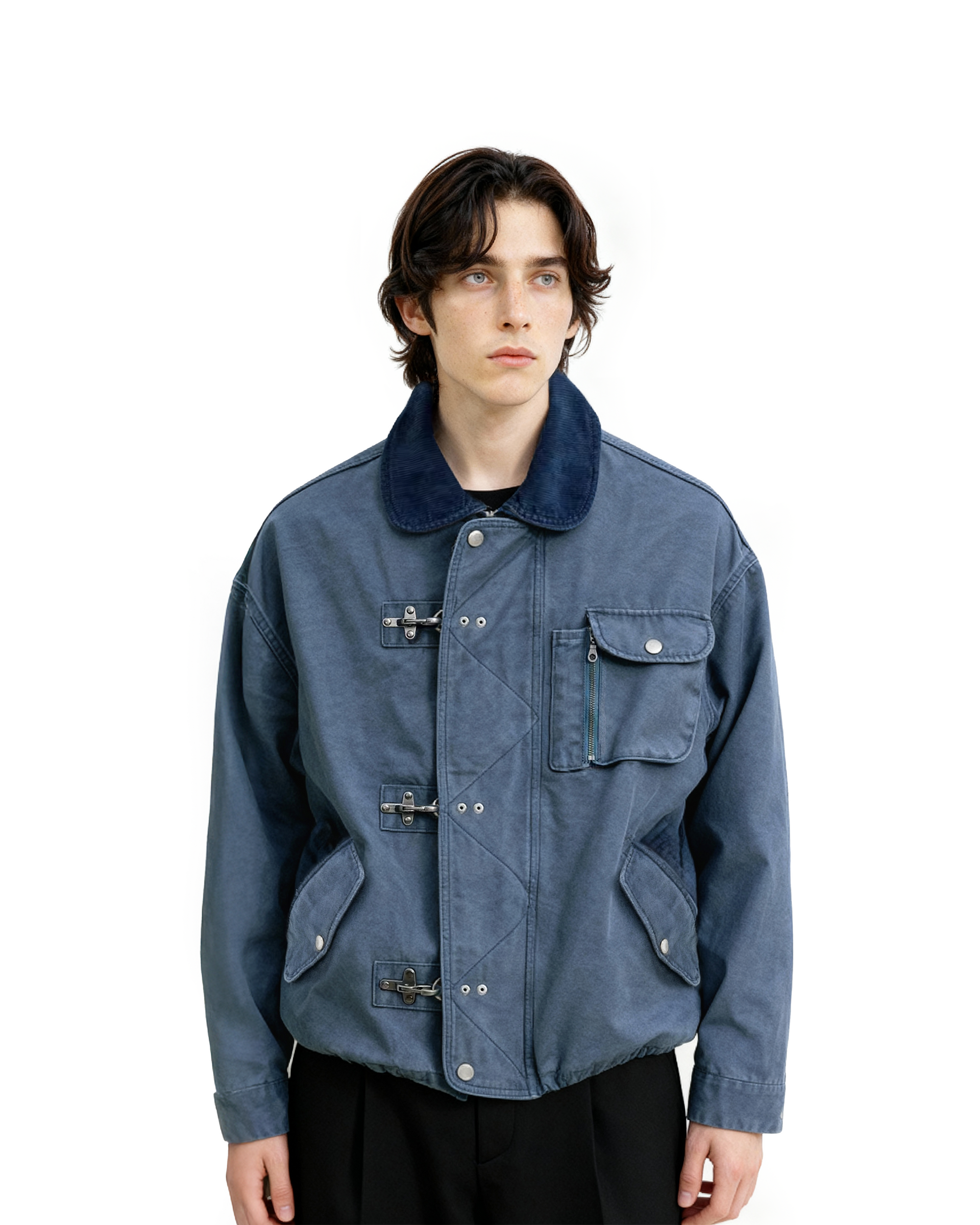Fireman Clasp Worker Denim Jacket with Patch Pockets Fireman Clasp Worker Denim Jacket with Patch Pockets