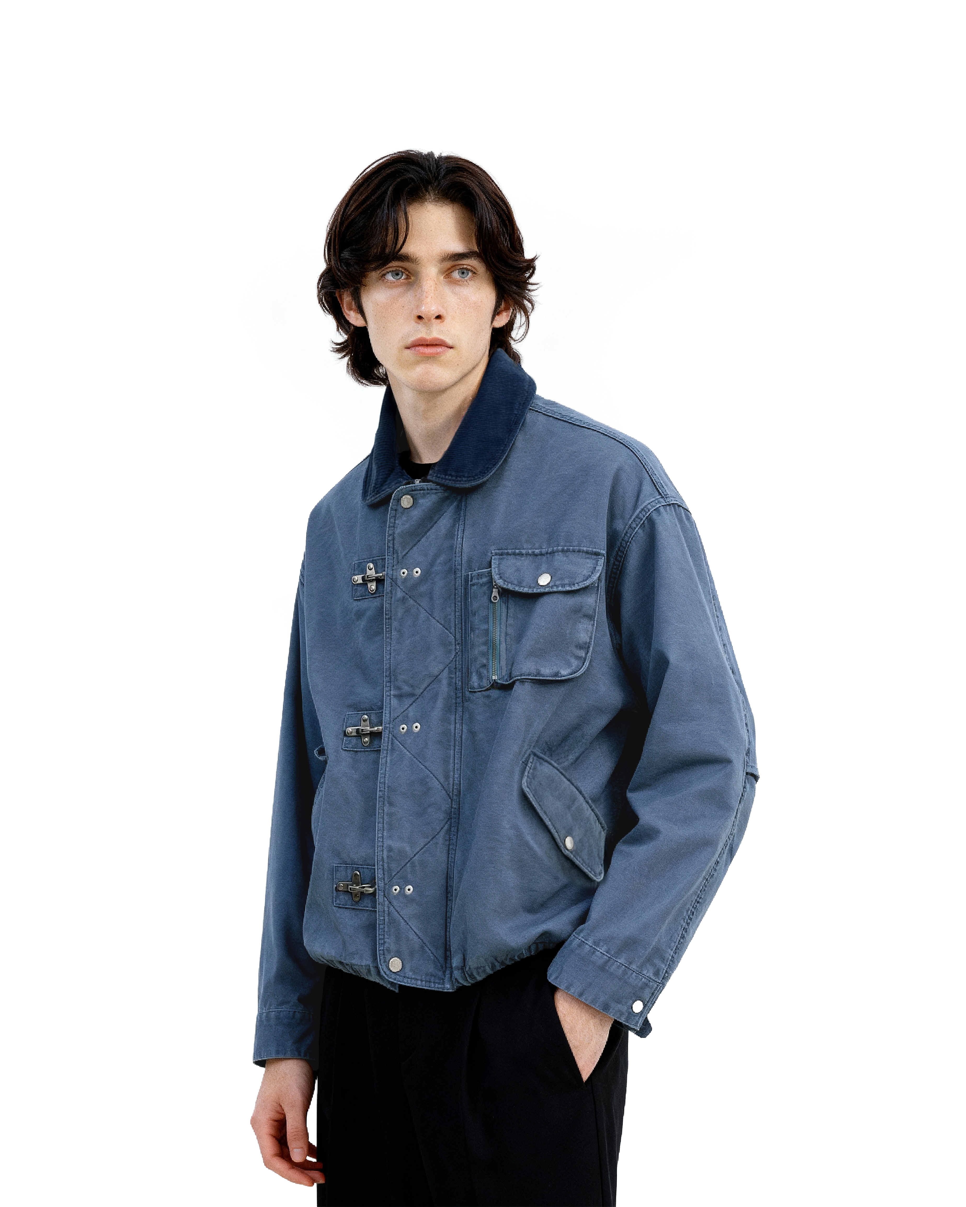 Fireman Clasp Worker Denim Jacket with Patch Pockets