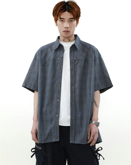 Oversized Plaid Button-Up Short Sleeve Shirt - nightcity clothing