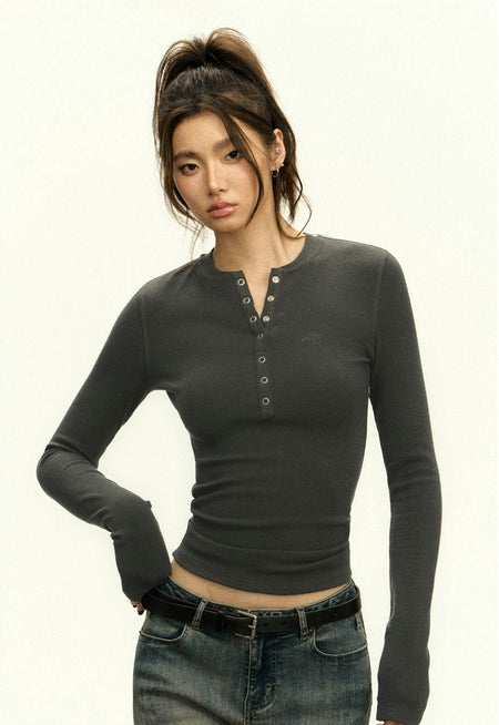 Ribbed Long Sleeve O-Neck Henley Top