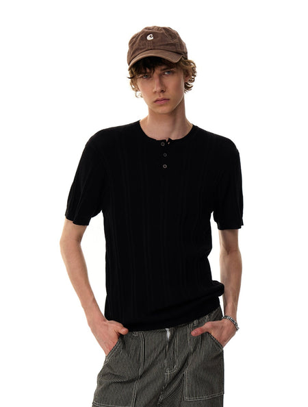 Ribbed Knit Half Button Short Sleeve Shirt - nightcity clothing