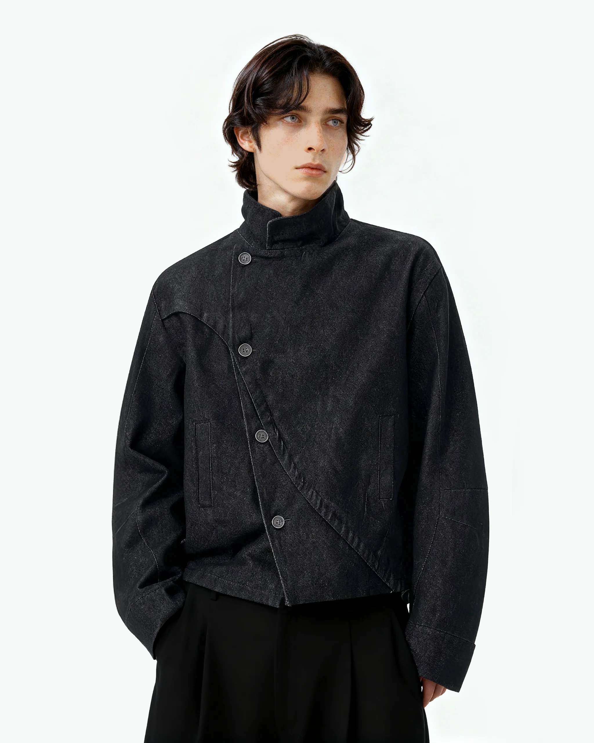 Overlap Asymmetric-Button Fencing Denim Jacket