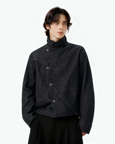 Overlap Asymmetric-Button Fencing Denim Jacket - nightcity clothing