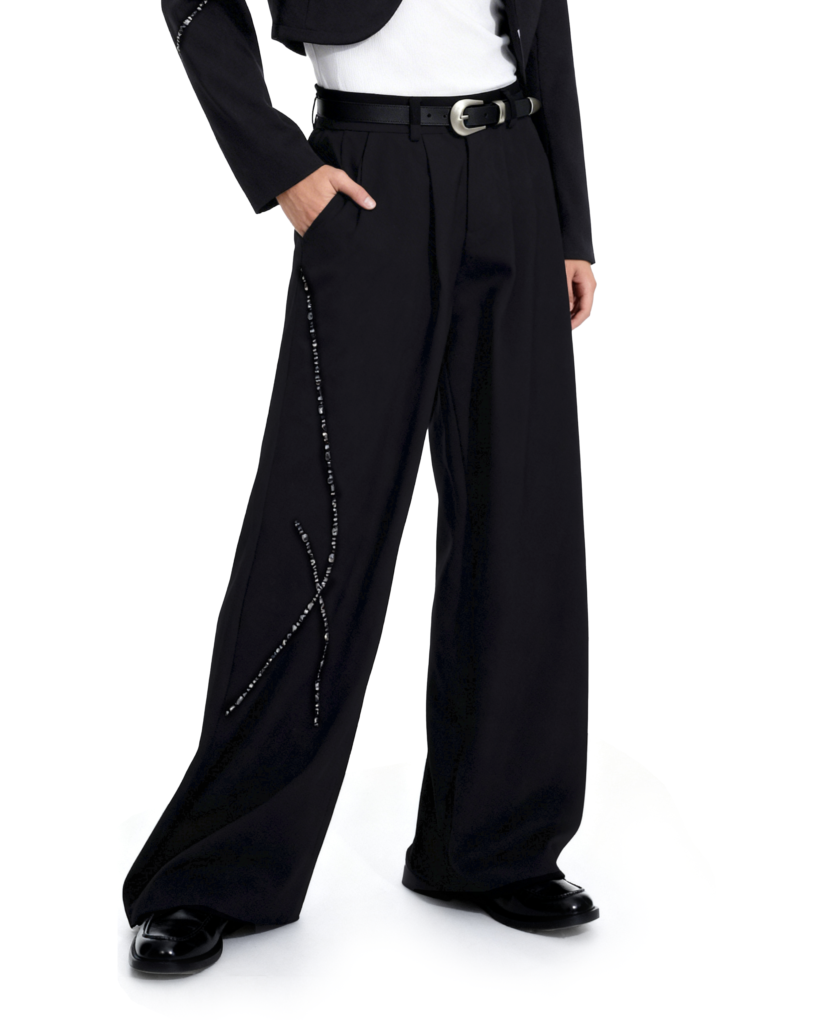 Structured Curve-Panel Cropped Blazer with Embellished Detailing and Wide Leg Pants Two-Piece Set - nightcity clothing
