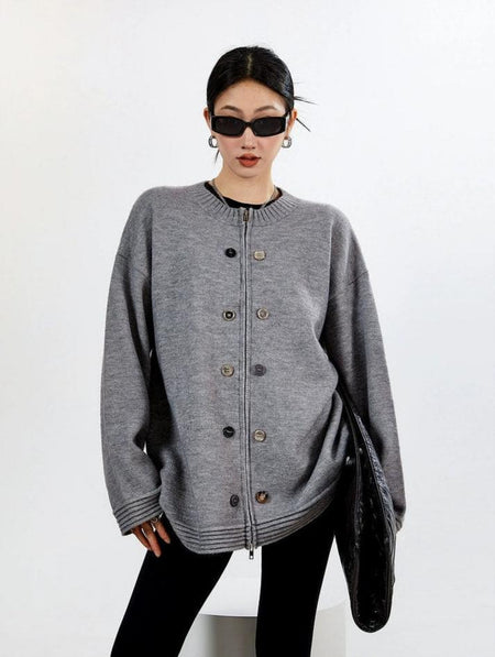 Ribbed Trim Zip-up Cardigan with Button Details - nightcity clothing