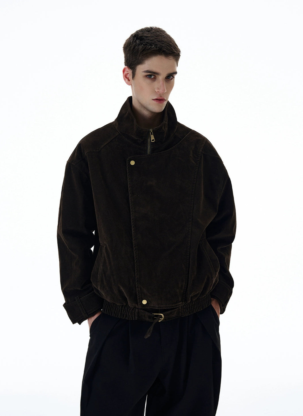 Suede Overlap Button High-Collar Jacket