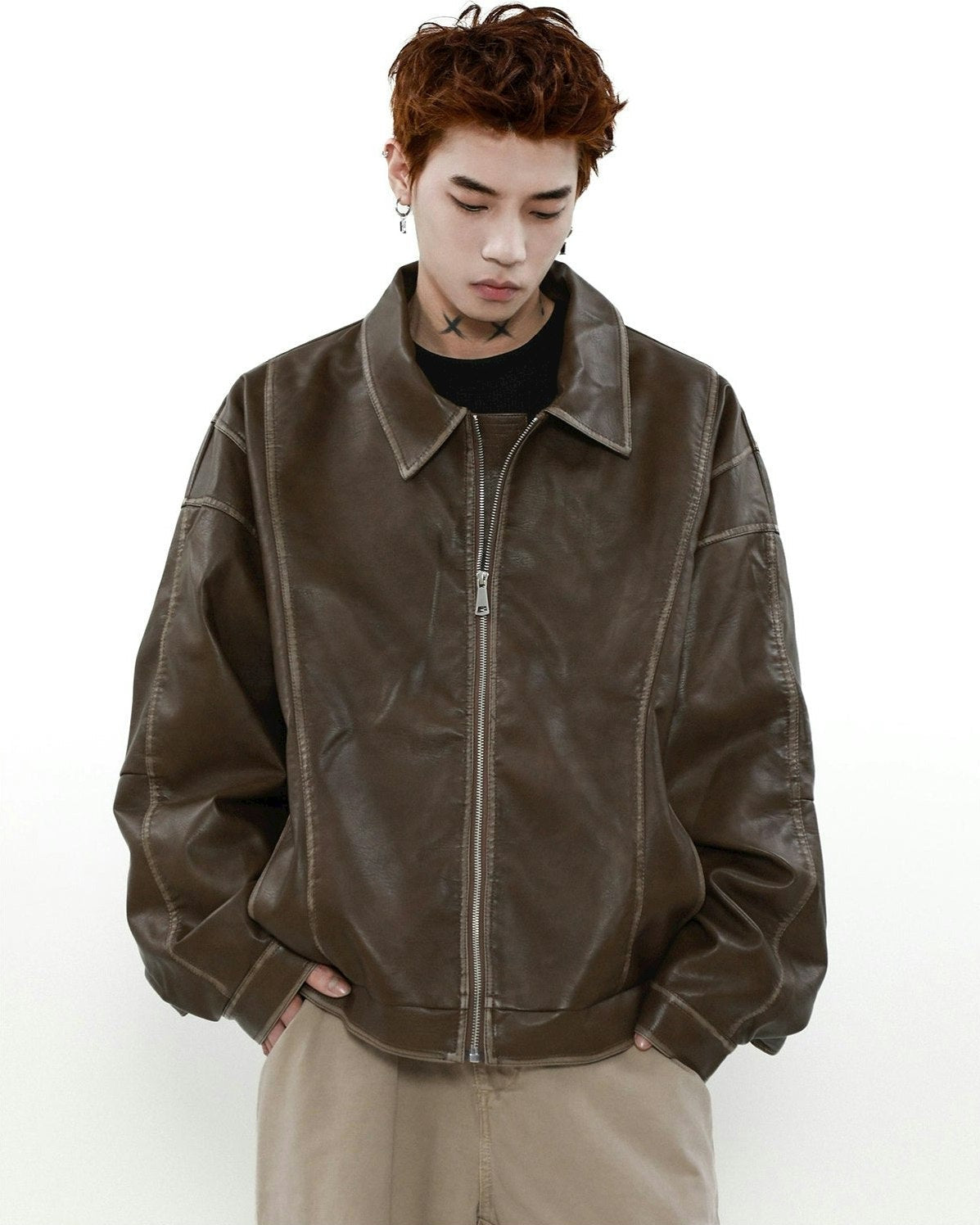 Faded Faux Leather Zip-Through Collared Bomber Jacket