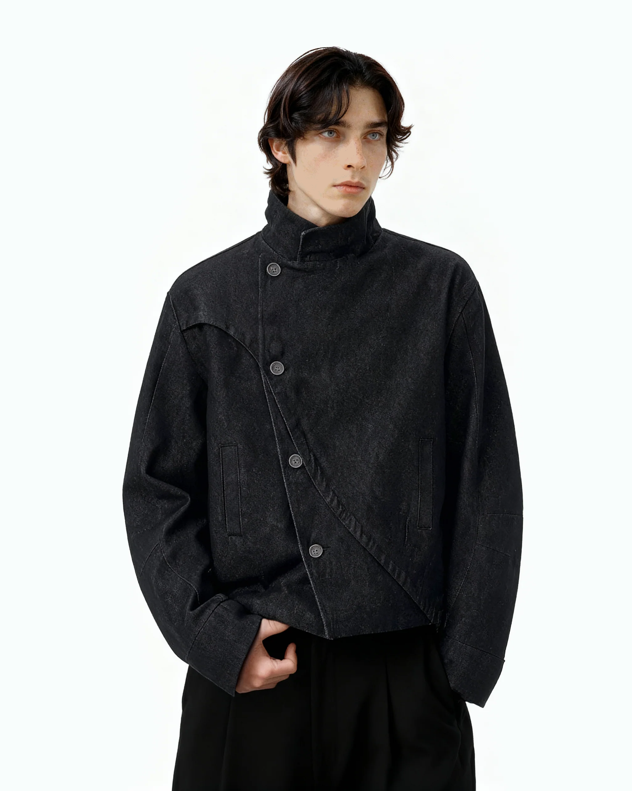 Overlap Asymmetric-Button Fencing Denim Jacket