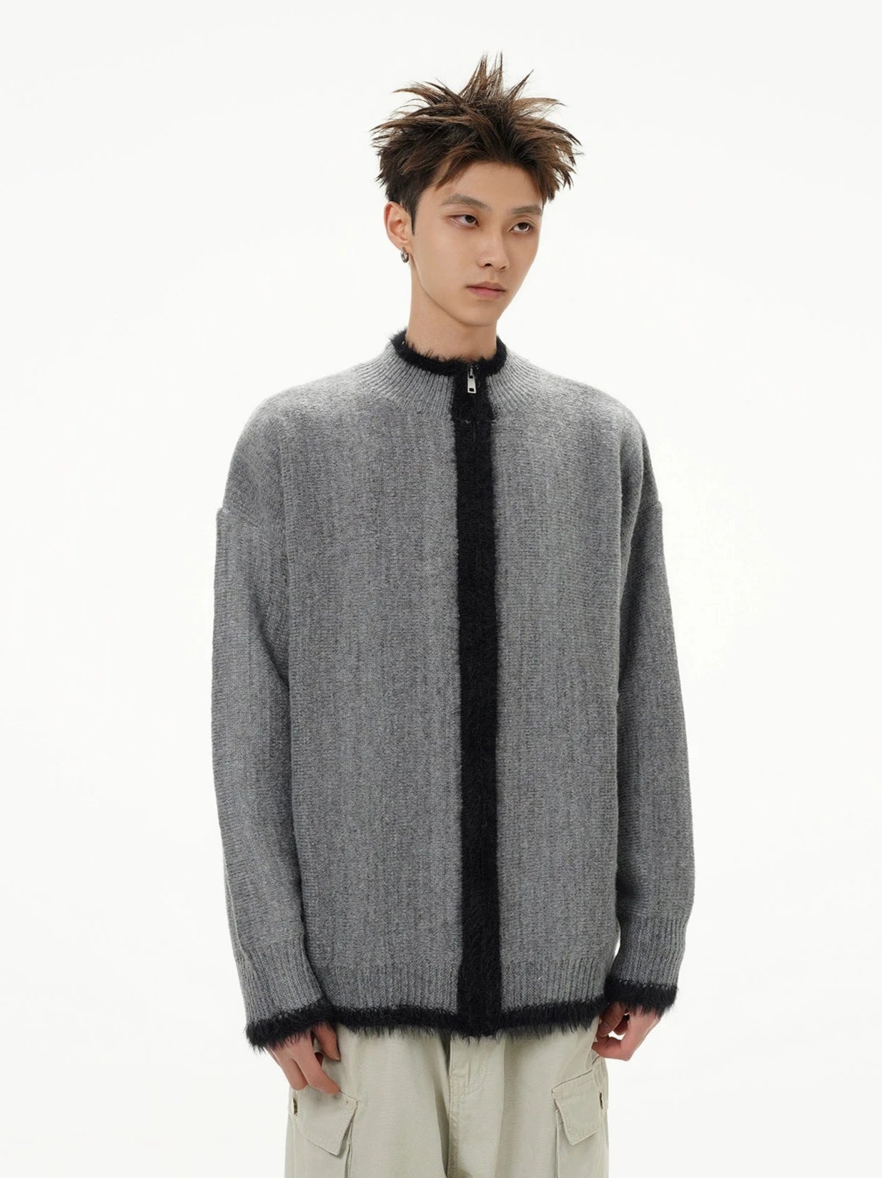 Fuzzy Contrast Trim Mock Neck Zip Jacket