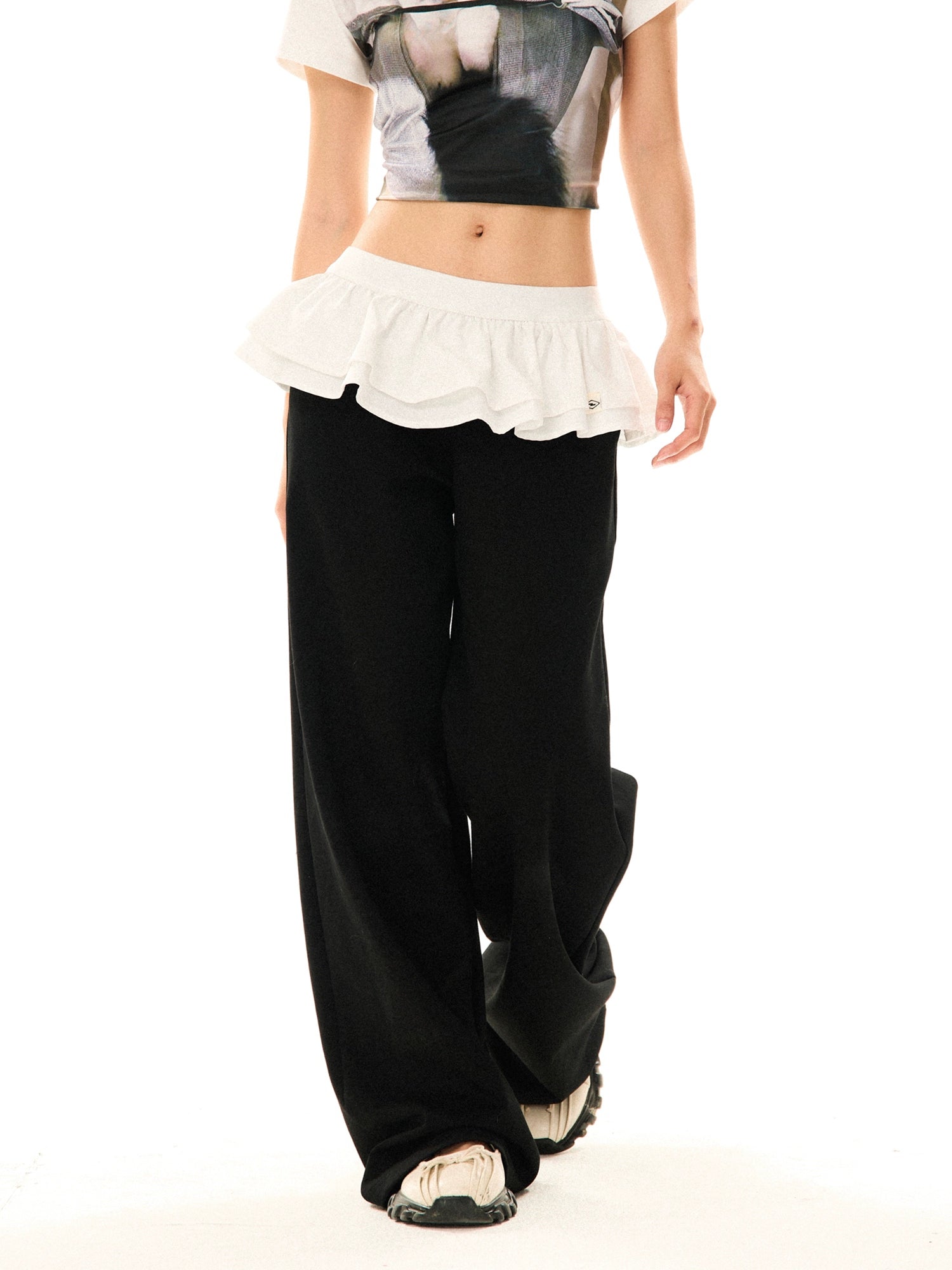 Ruffled Mock Skirt Over Pants Velvet Straight Pants Black and White Xs Coquette Balletcore Nightcity Clothing