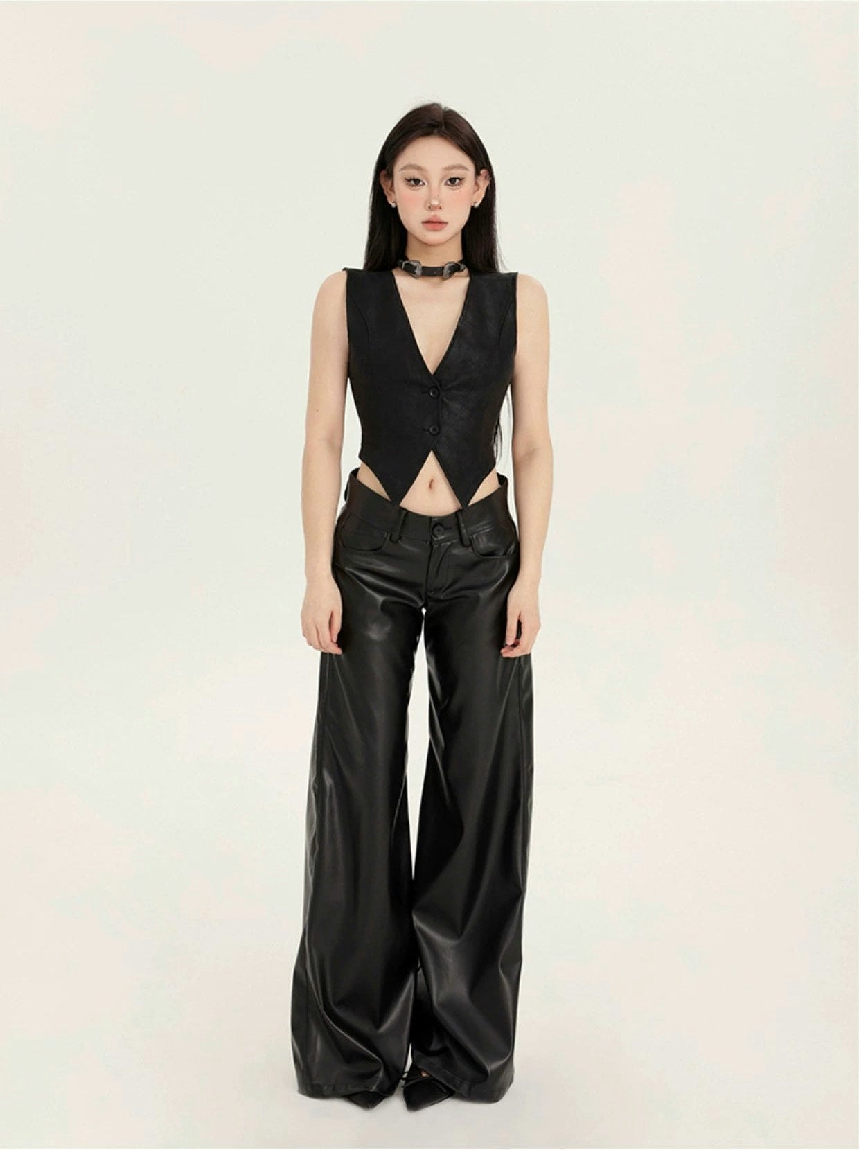 Faux Leather Wide-Leg Low-Rise Trousers