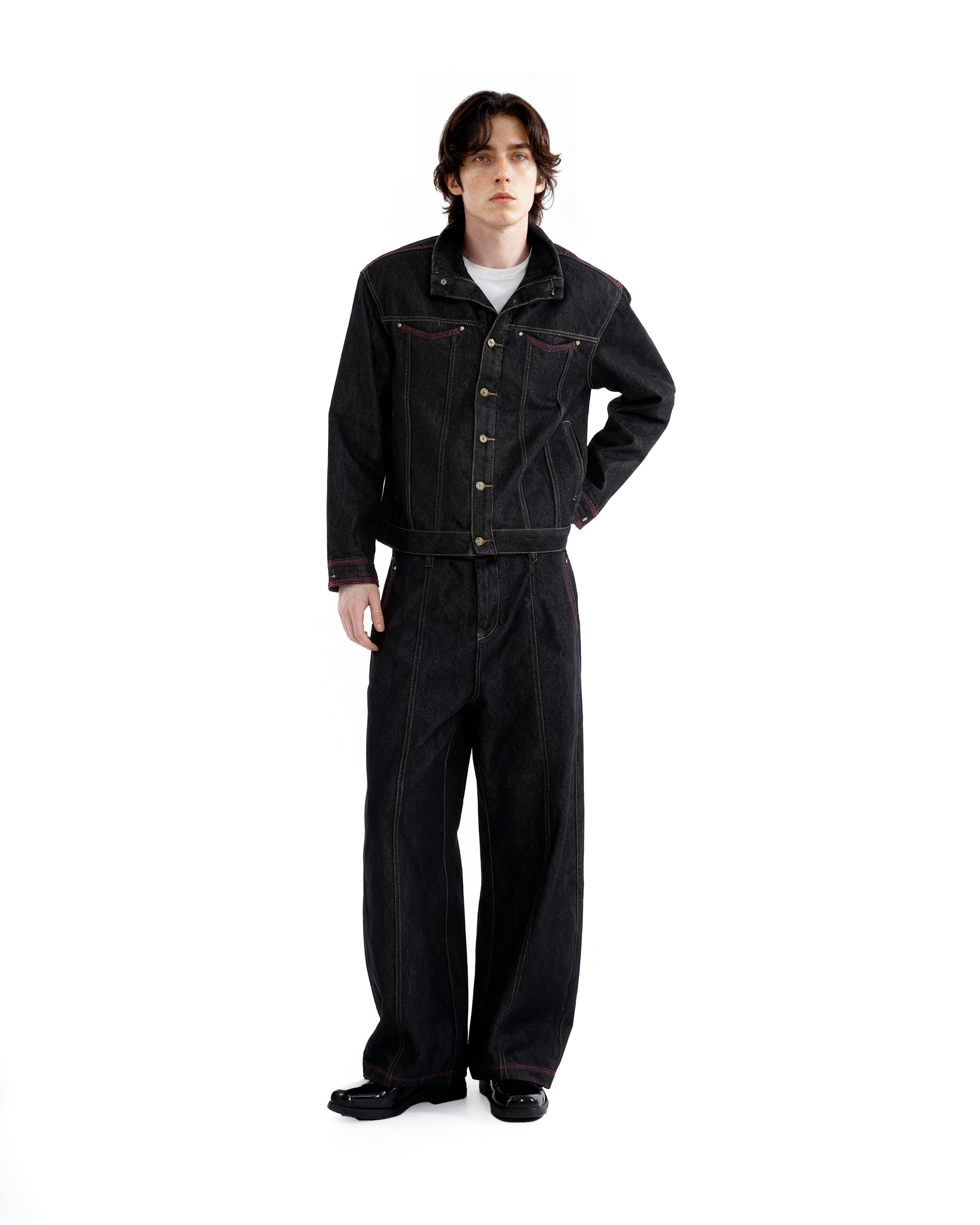 Dark Wash Contrast Stitch Mid Crop Denim Jacket and Wide Leg Jeans Two-Piece Set