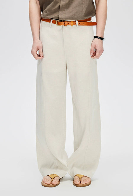 Straight Leg Linen-Blend Contrast Stitch Pants
