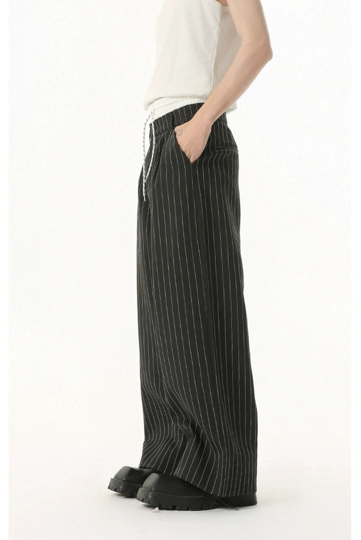 Mock Two-Piece Pinstripe Wide Leg Trousers with Elastic Waist