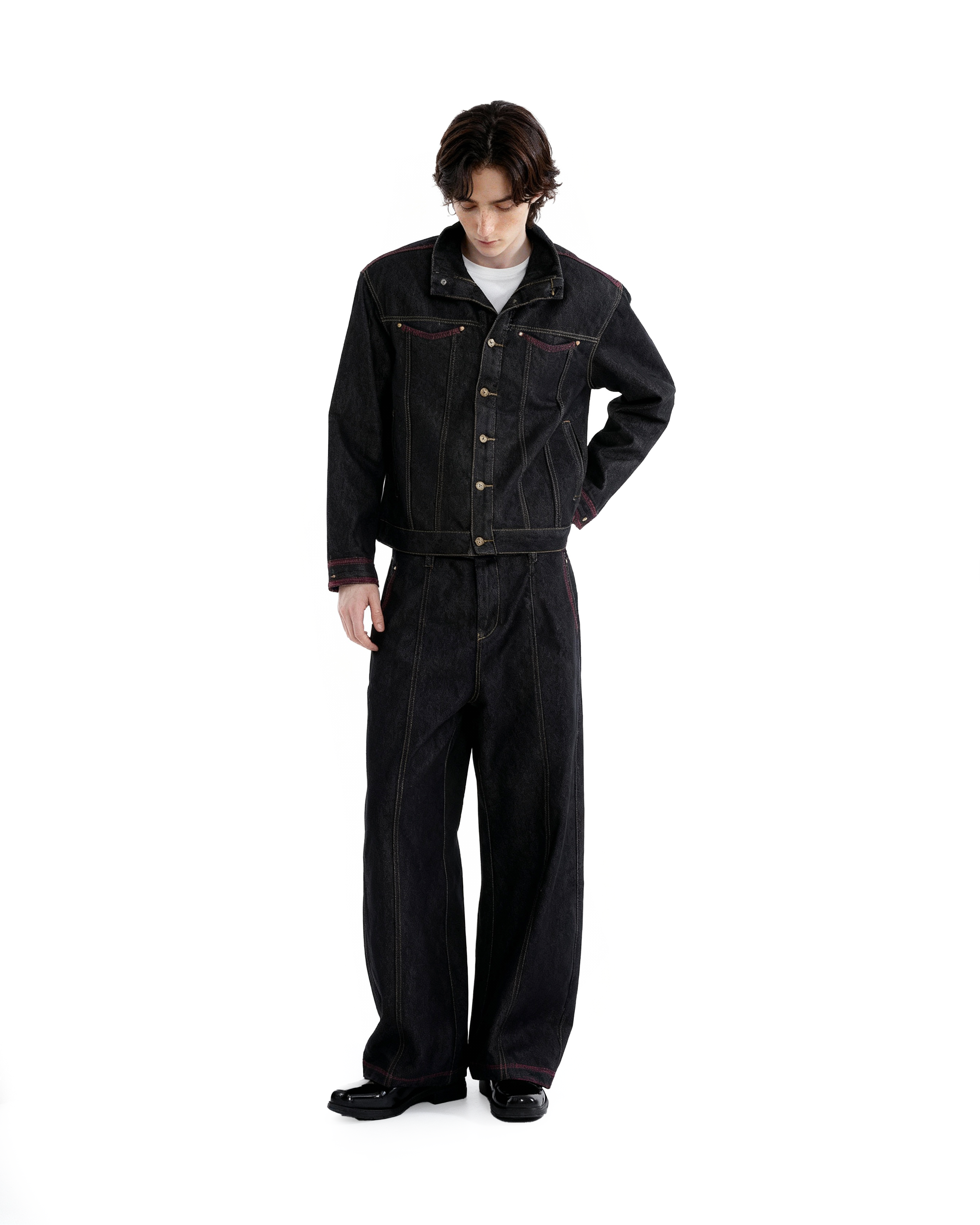 Dark Wash Contrast Stitch Mid Crop Denim Jacket and Wide Leg Jeans Two-Piece Set