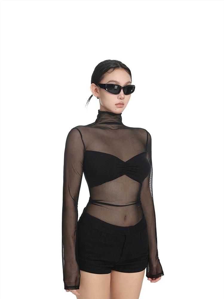 Sheer Turtleneck Top with Solid Bandeau Detail