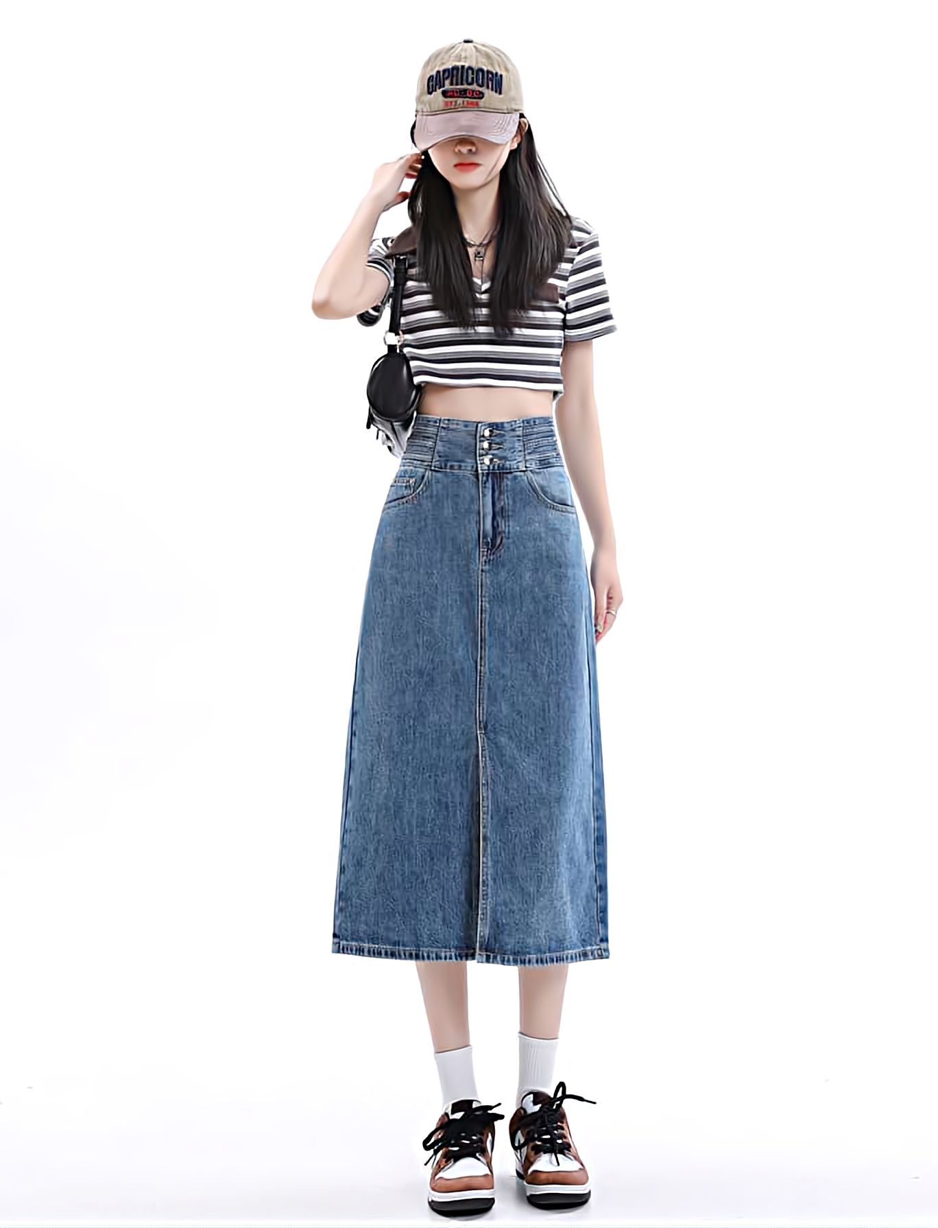 Multi Button Denim Midi Skirt