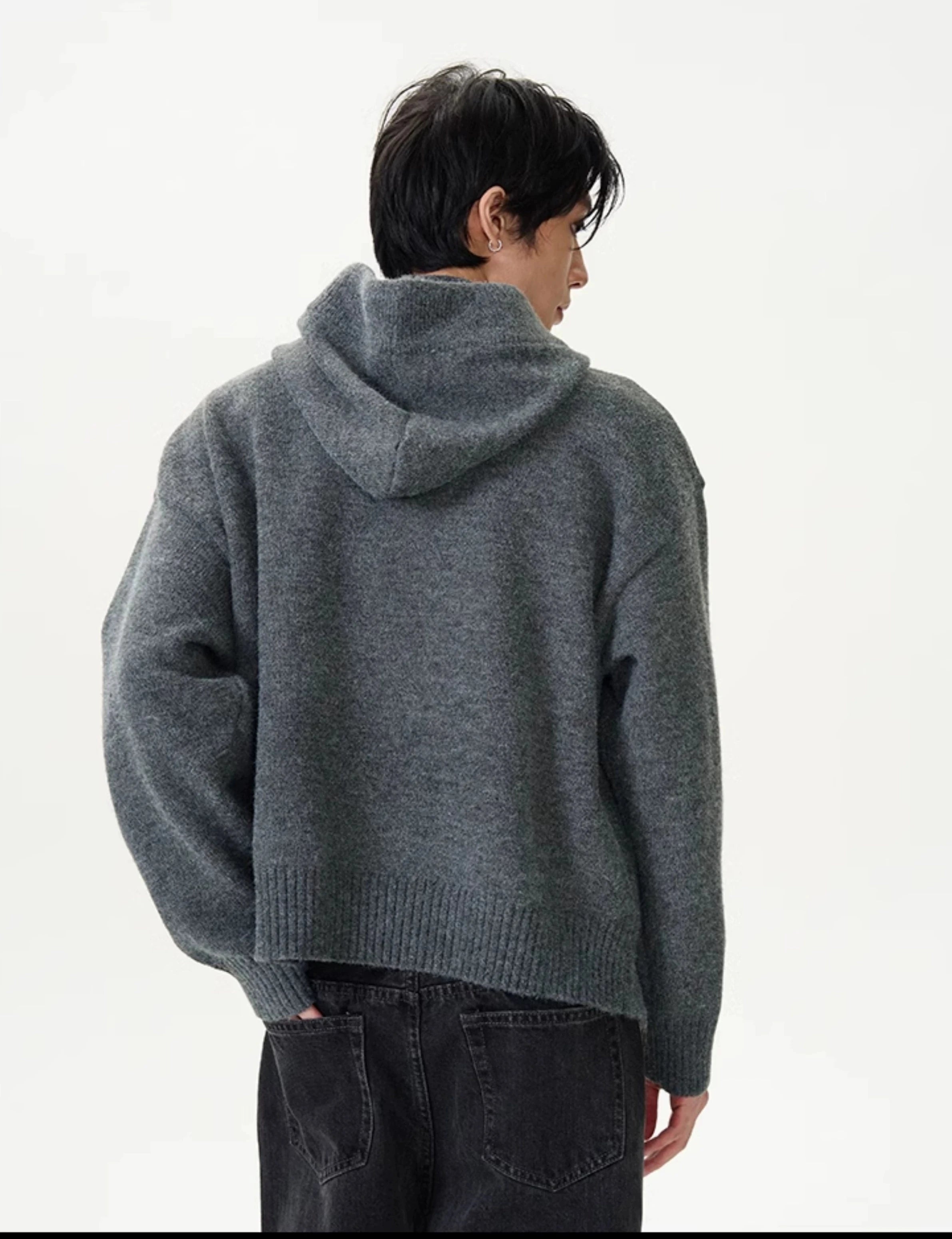 Textured Half Button Ribbed Hem Knit Hoodie Textured Half Button Ribbed Hem Knit Hoodie