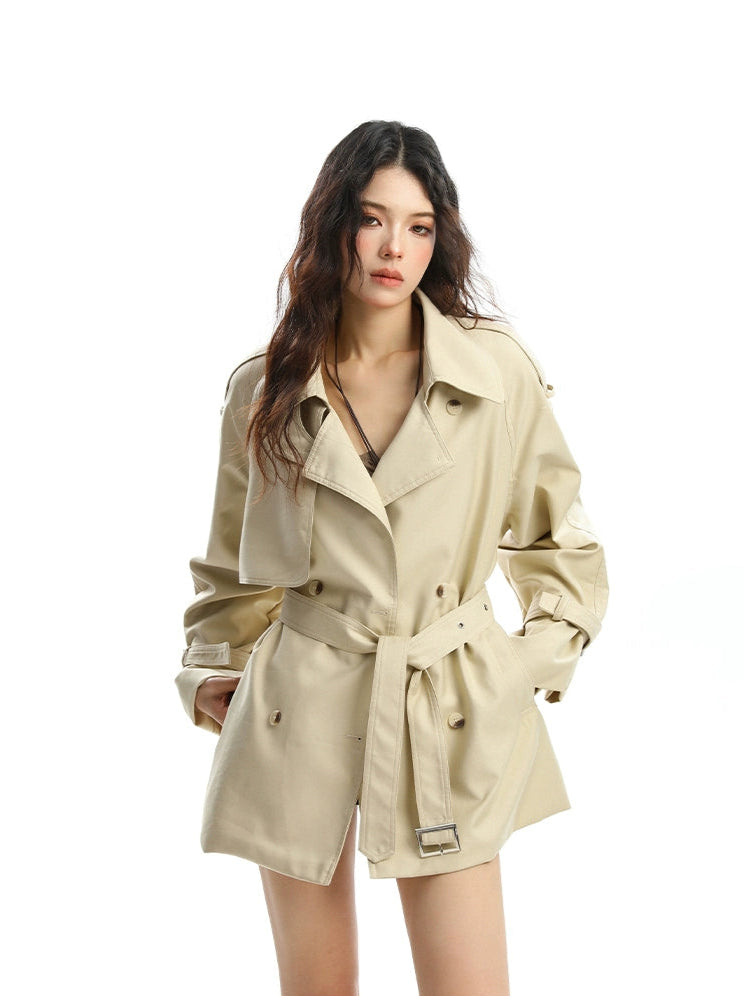 Double Breasted Trench Coat with Epaulet and Belt Details