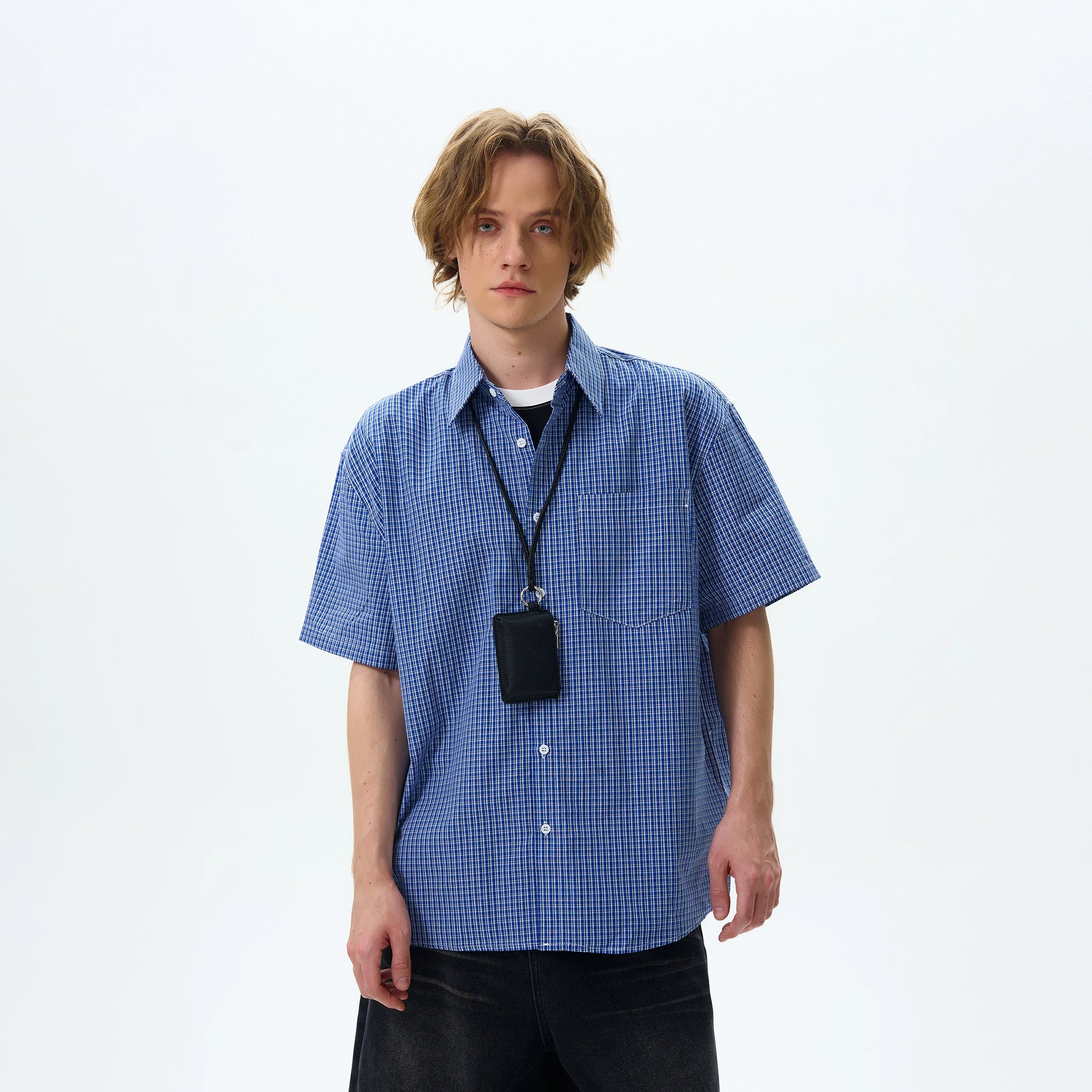Checker Short Sleeve Button Shirt with Chest Pocket