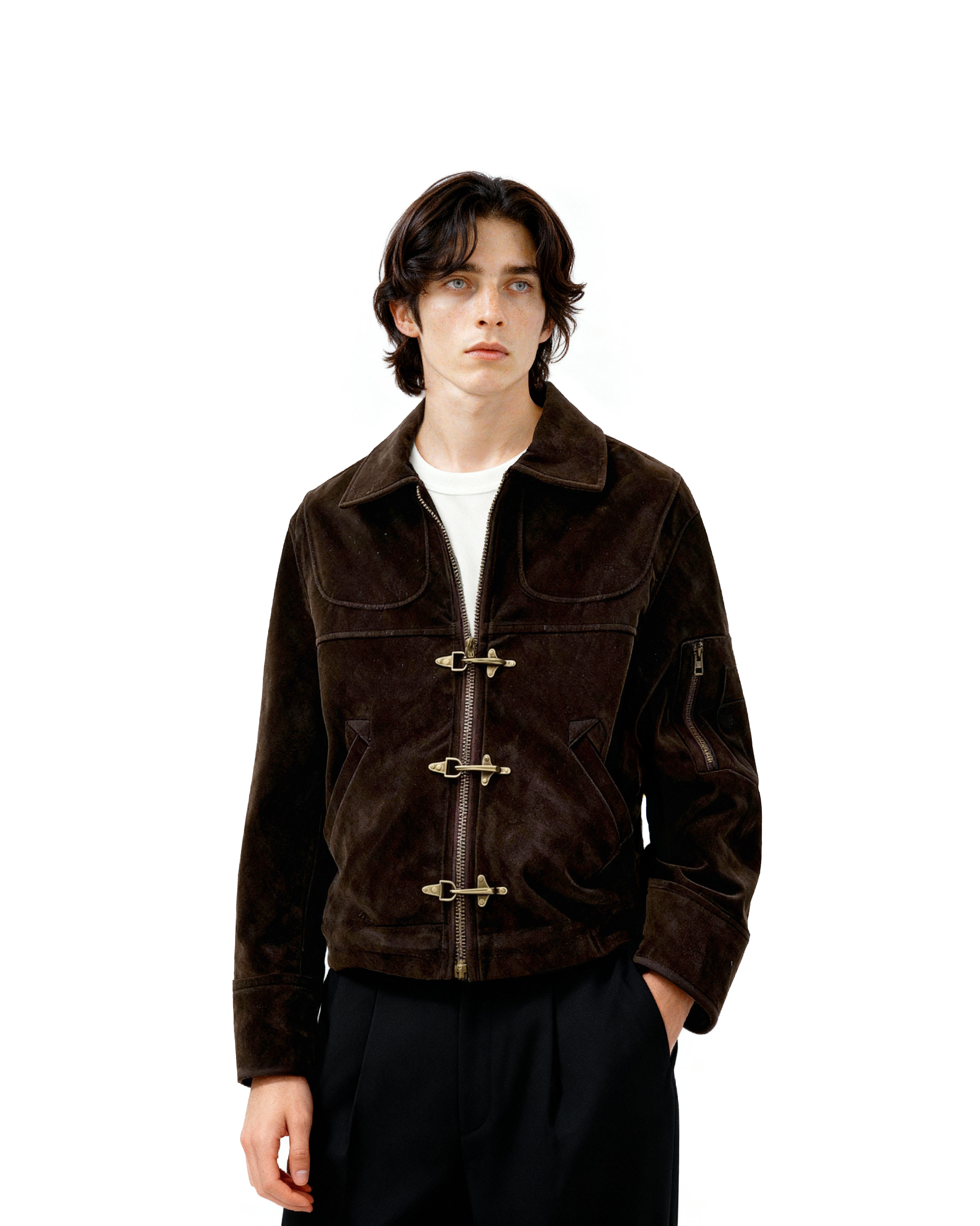 Suede Panelled Fireman Buckle Zip Jacket