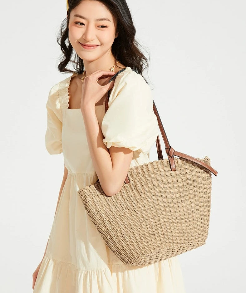 Woven Straw Shoulder Tote with Leather Straps