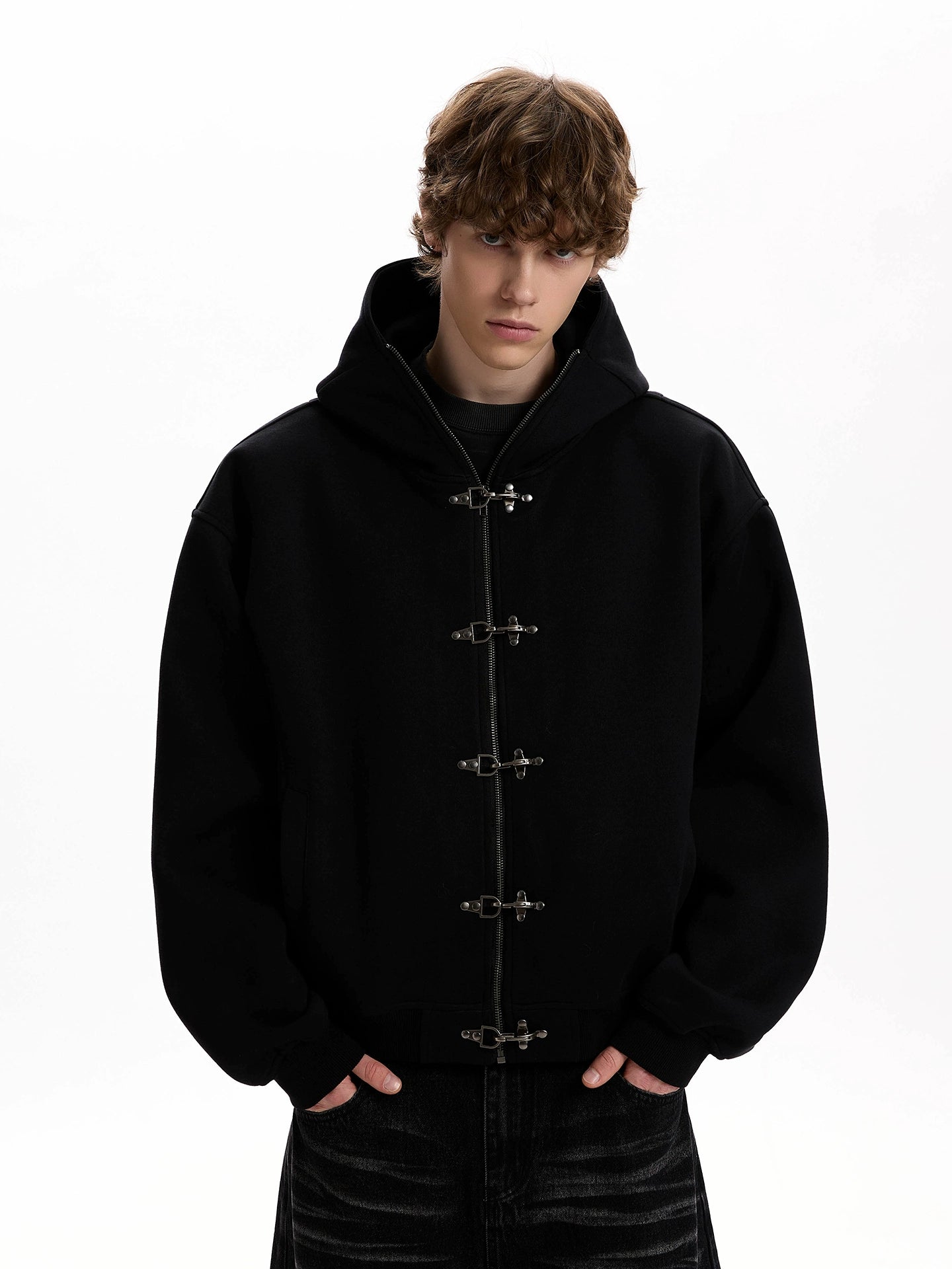 Oversized Fireman Clasp Zip-Up Hooded Bomber Jacket