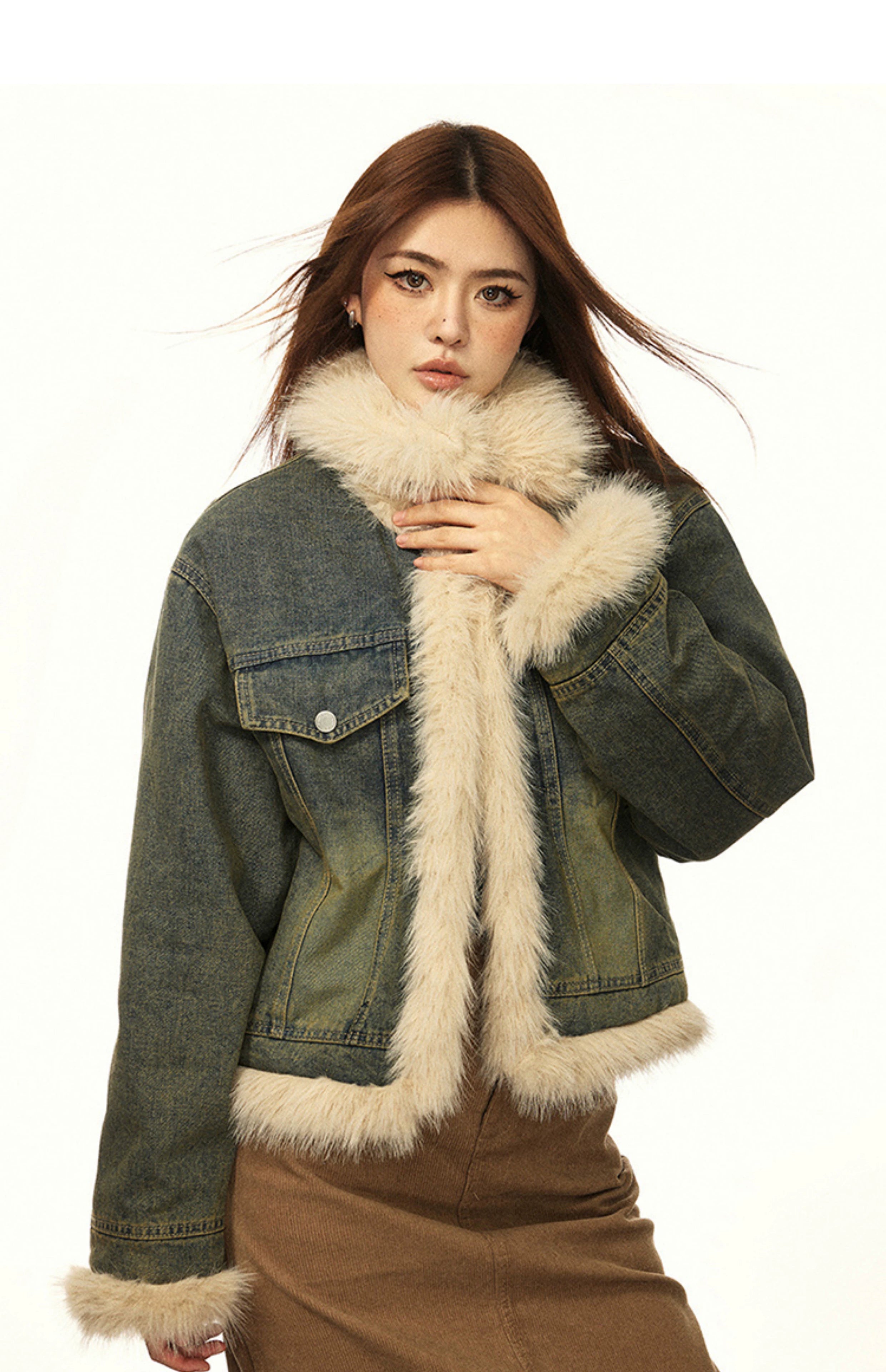 T.JEANS■(W) Collar Fur Jacket★送料込 Vintage Washed Faux Fur Trim Denim Jacket