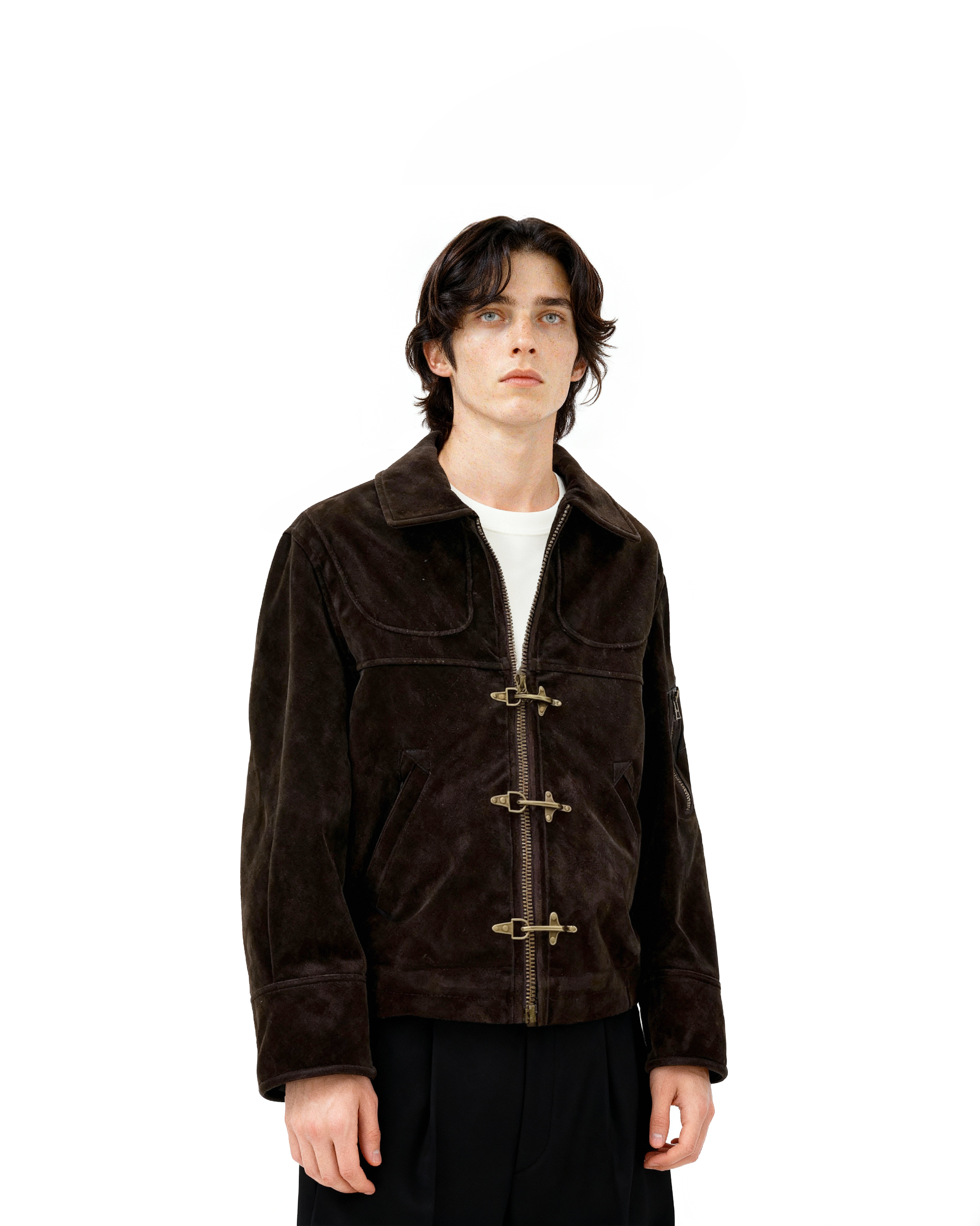 Suede Panelled Fireman Buckle Zip Jacket