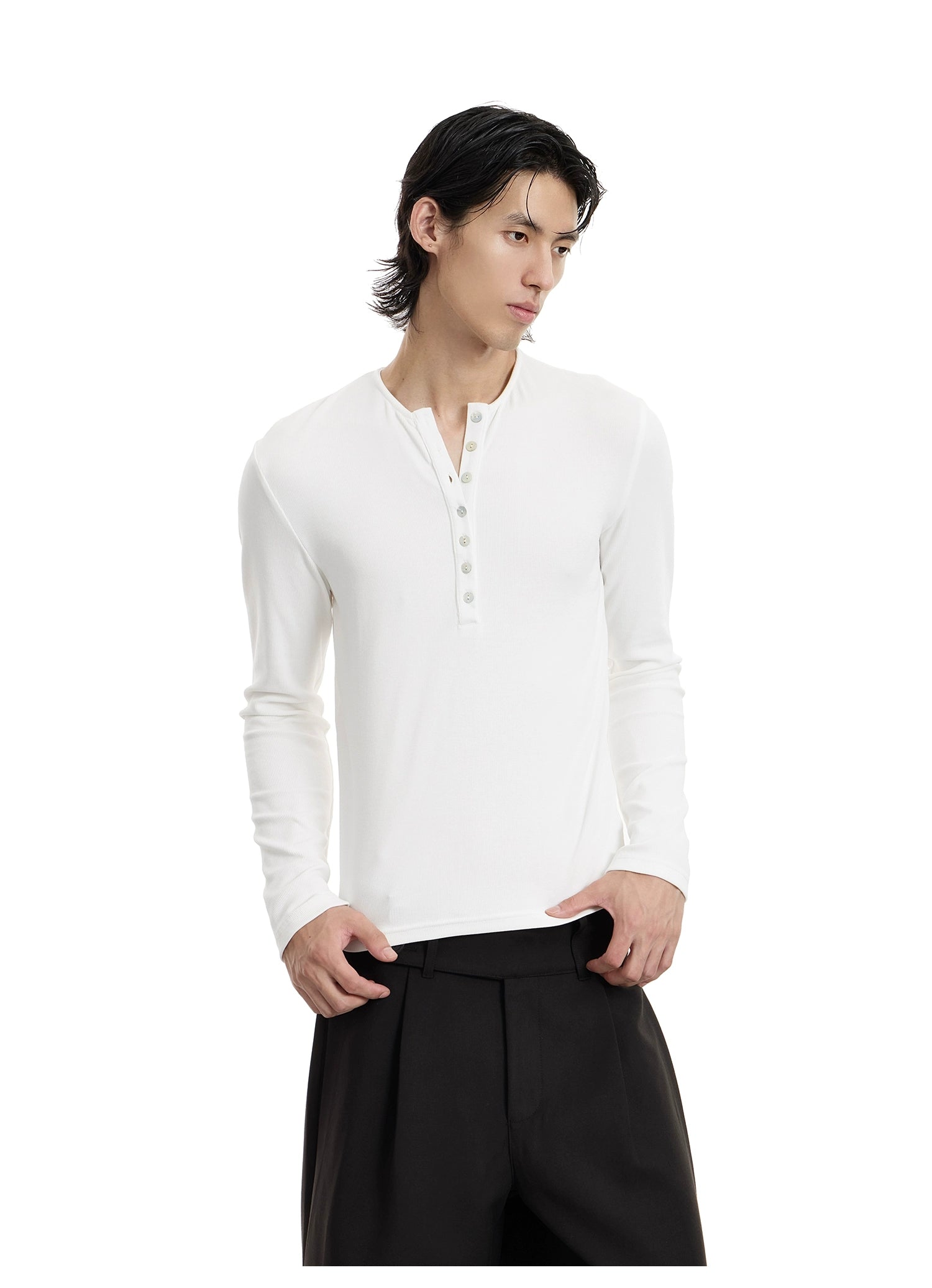 Skinny-Fit Henley Button Long Sleeve T-Shirt