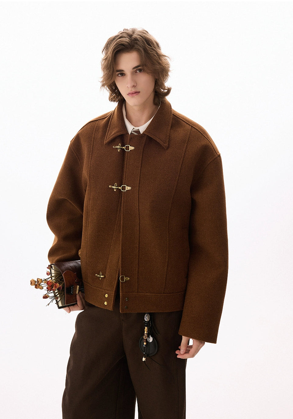 Wool-Blend Drop Shoulder Fireman Clasp Collared Jacket