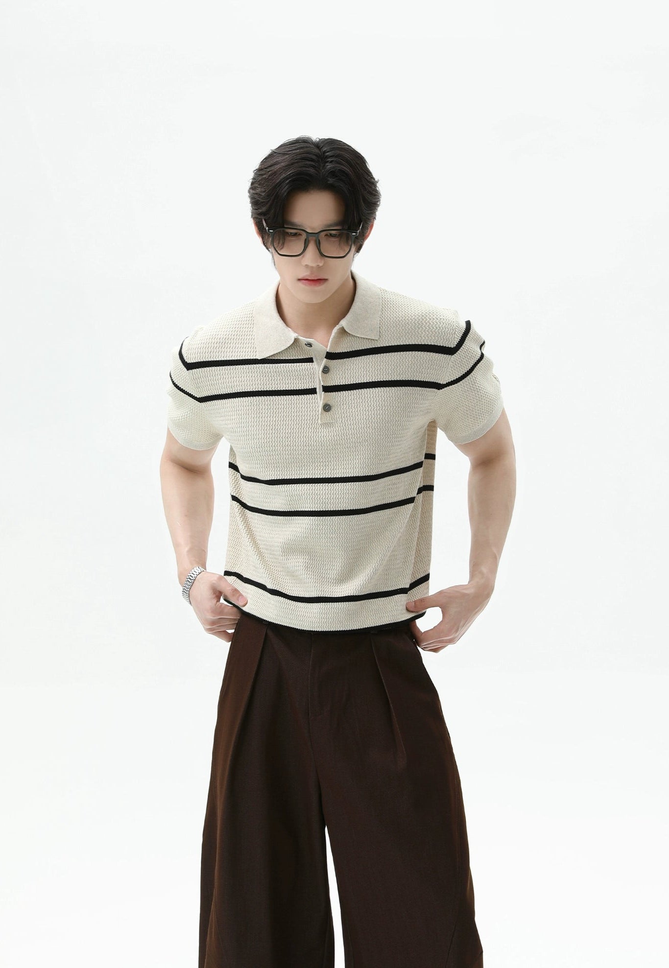 Textured Knit Polo Shirt with Horizontal Stripes